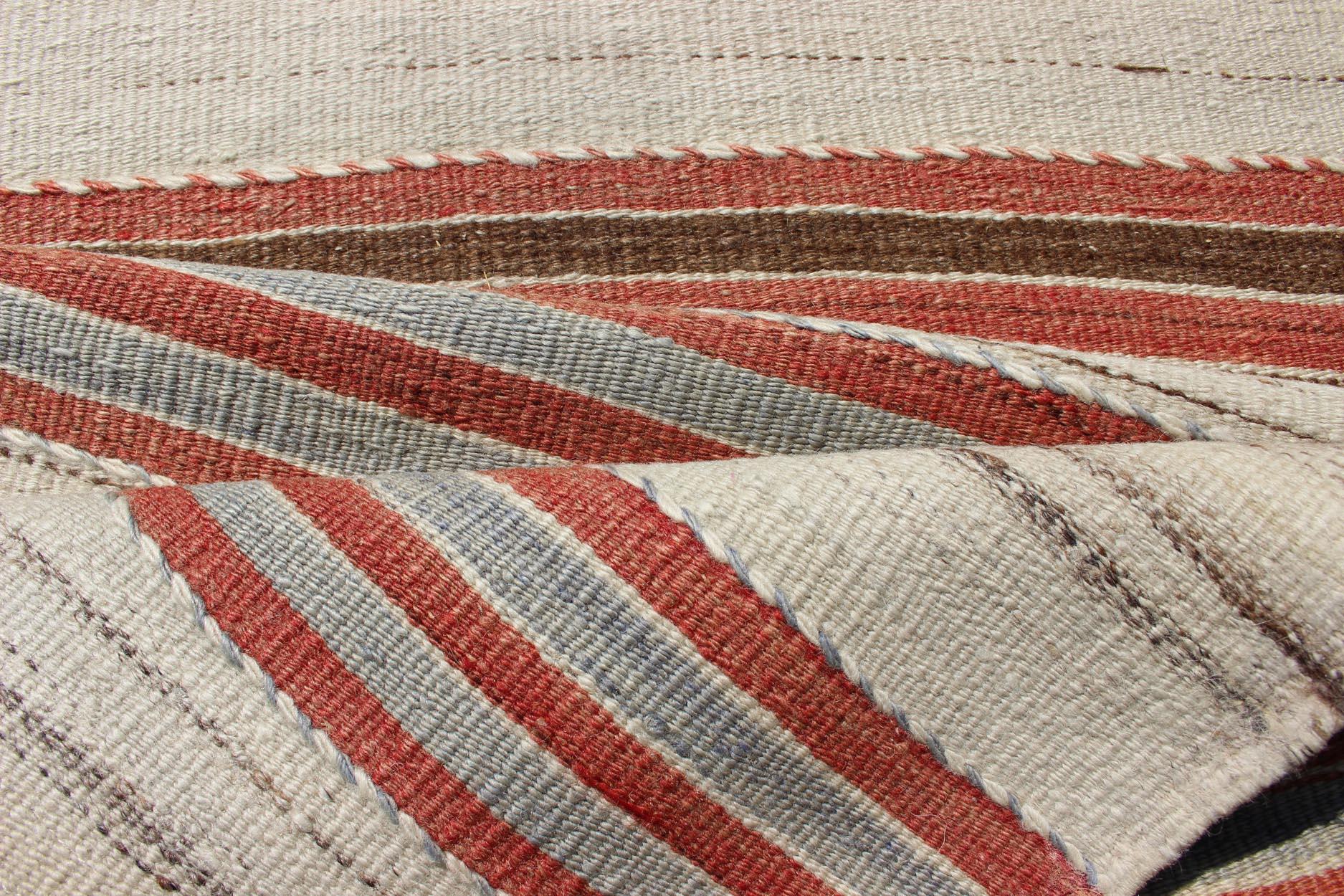 Striped Turkish Vintage Kilim Flat-Weave Rug in Shades of Red, Brown, and Ivory 3