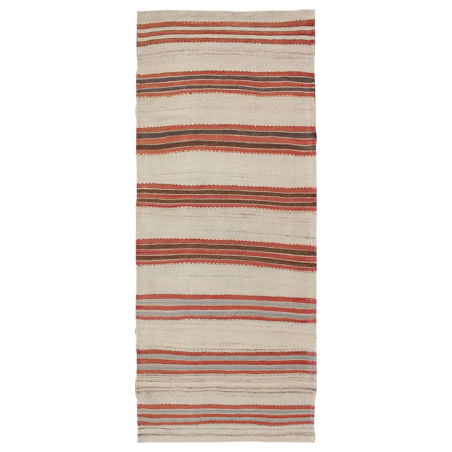 Striped Turkish Vintage Kilim Flat-Weave Rug in Shades of Red, Brown, and Ivory