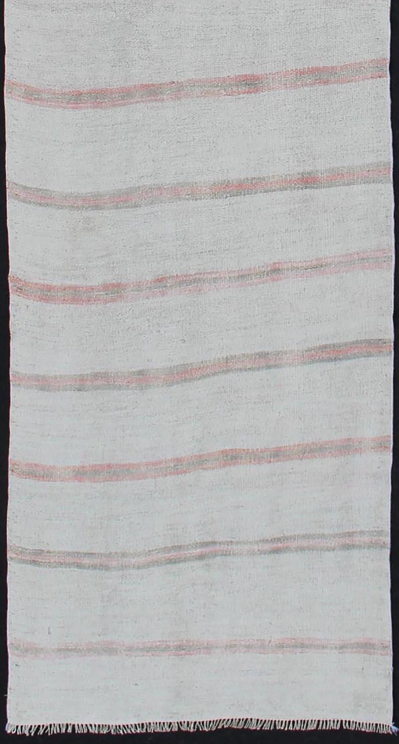 Hand-Woven Striped Turkish Vintage Kilim Flat-Weave Rug in Shades of Soft Red and Cream For Sale