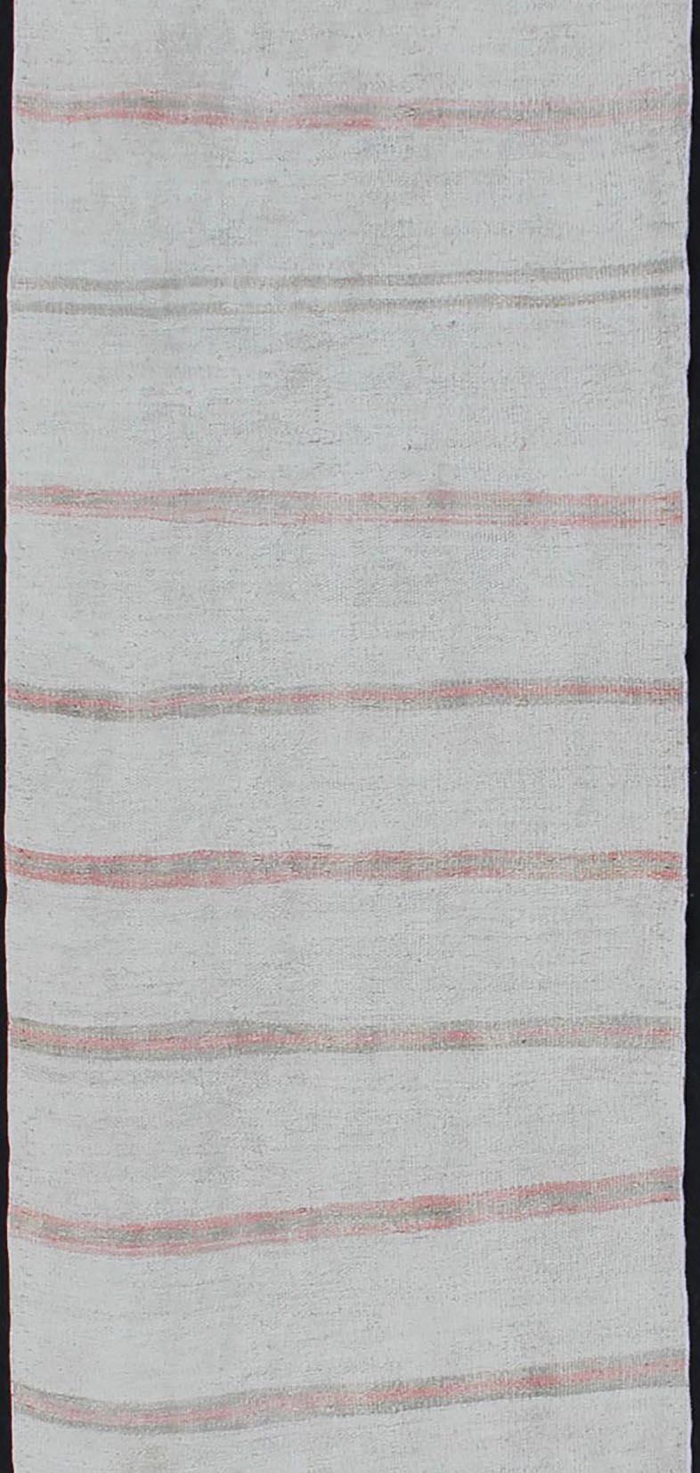 Striped Turkish Vintage Kilim Flat-Weave Rug in Shades of Soft Red and Cream In Good Condition For Sale In Atlanta, GA