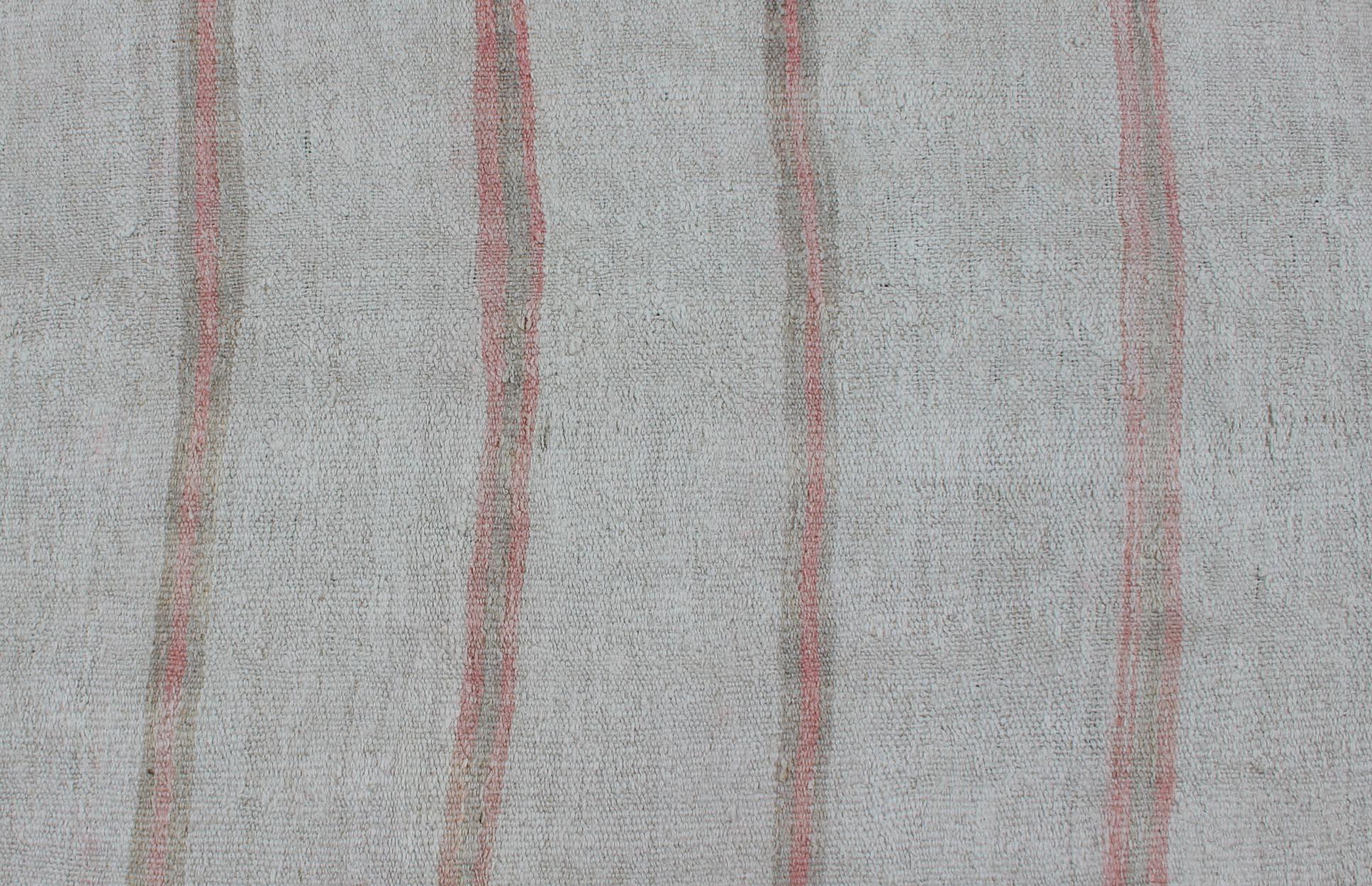 Wool Striped Turkish Vintage Kilim Flat-Weave Rug in Shades of Soft Red and Cream For Sale