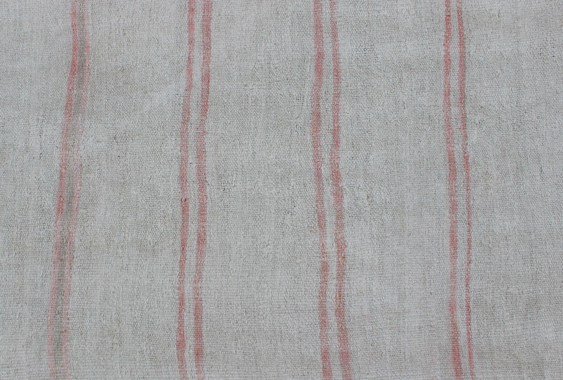 Striped Turkish Vintage Kilim Flat-Weave Rug in Shades of Soft Red and Cream For Sale 1