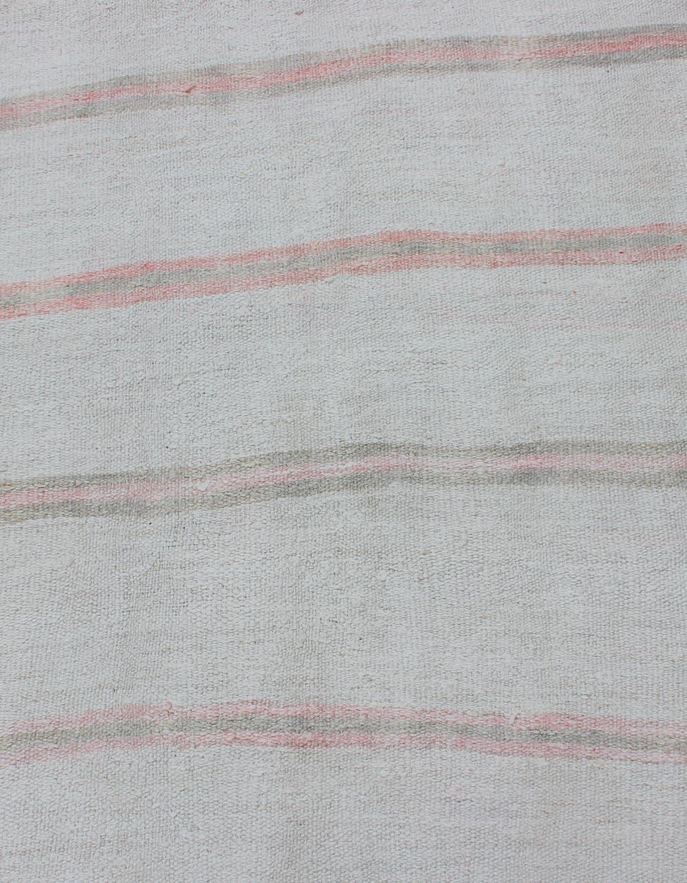 Striped Turkish Vintage Kilim Flat-Weave Rug in Shades of Soft Red and Cream For Sale 2