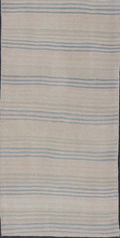 Striped Turkish Vintage Kilim Runner in Ivory and Soft Blue Tones