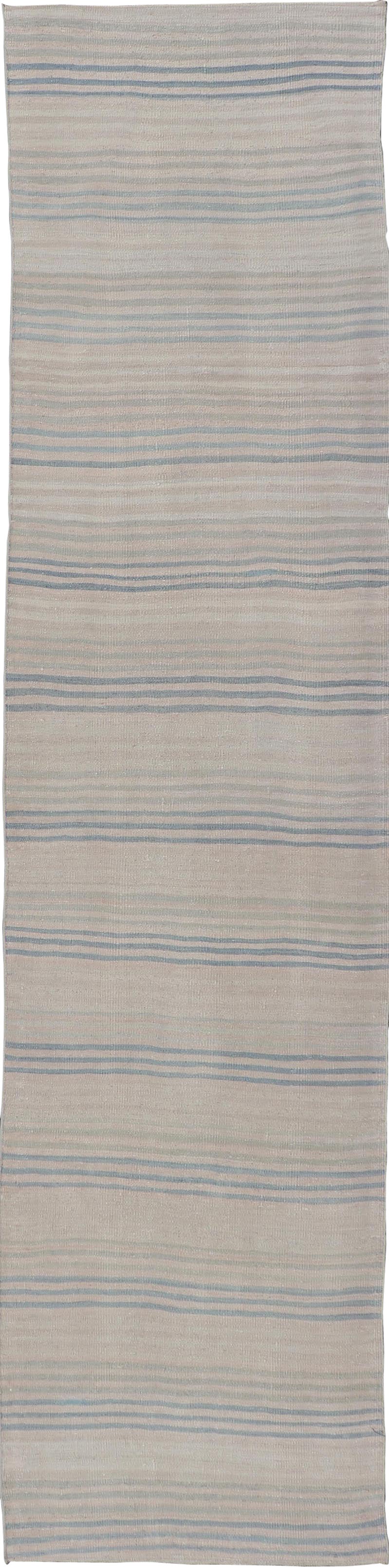 Striped Turkish Vintage Kilim Runner in Ivory and Soft Blue Tones For Sale