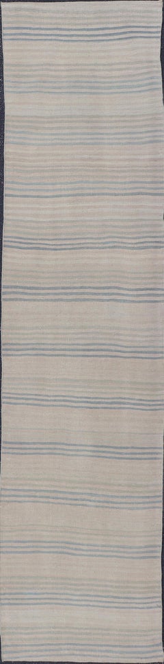 Striped Turkish Vintage Kilim Runner in Ivory and Soft Blue Tones