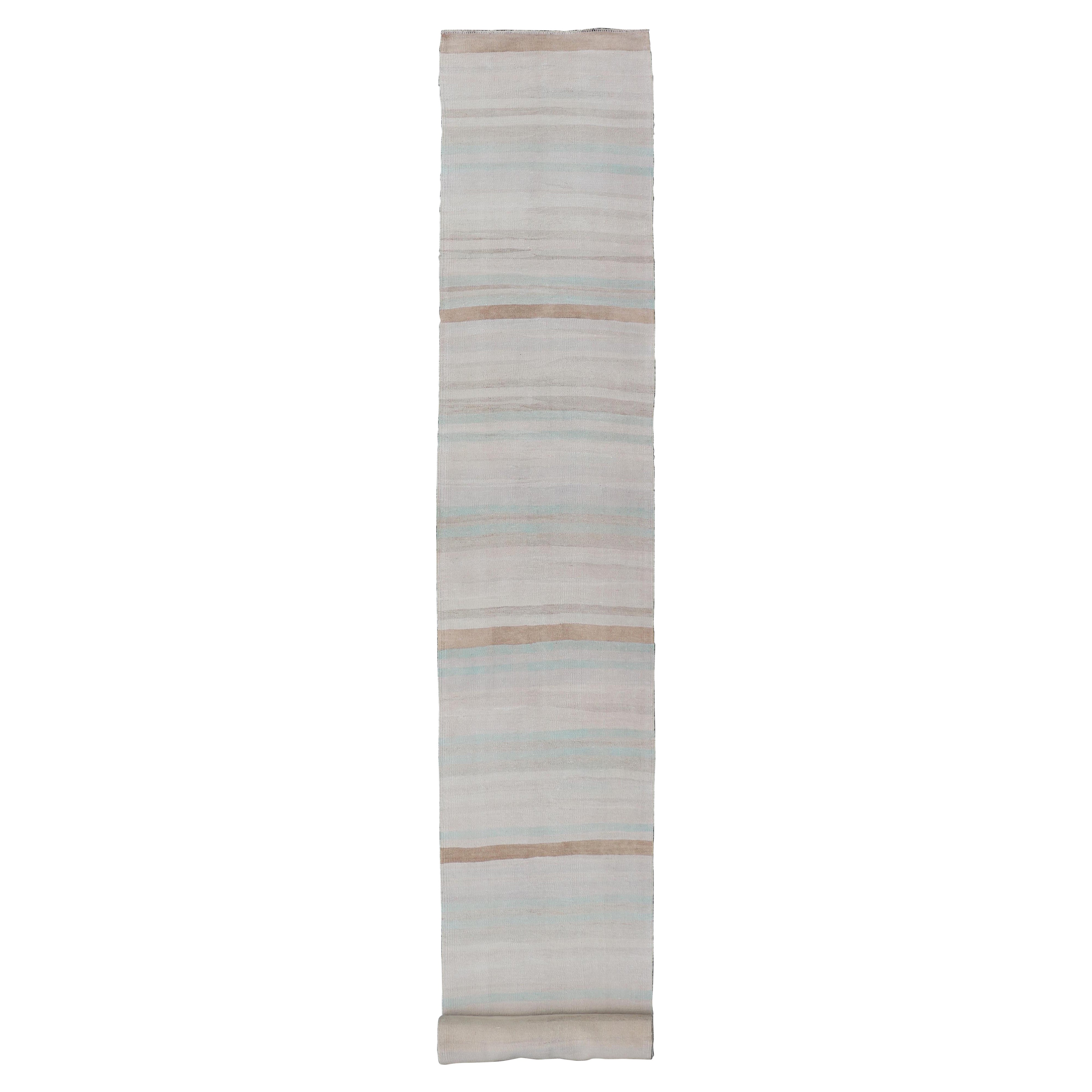 Striped Turkish Vintage Kilim Runner in Soft Pastel and Neutral Tones