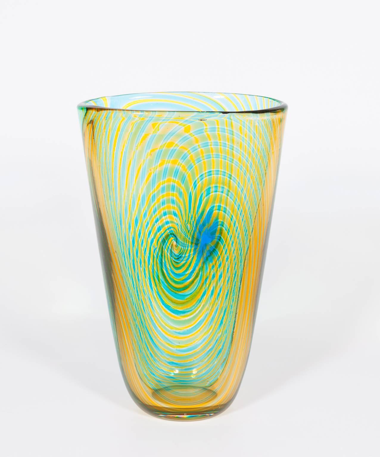 Gestreifte Vase aus mundgeblasenem Murano-Glas, grün-orange und hellblau, 1990er Jahre, Italien im Zustand „Hervorragend“ im Angebot in Villaverla, IT