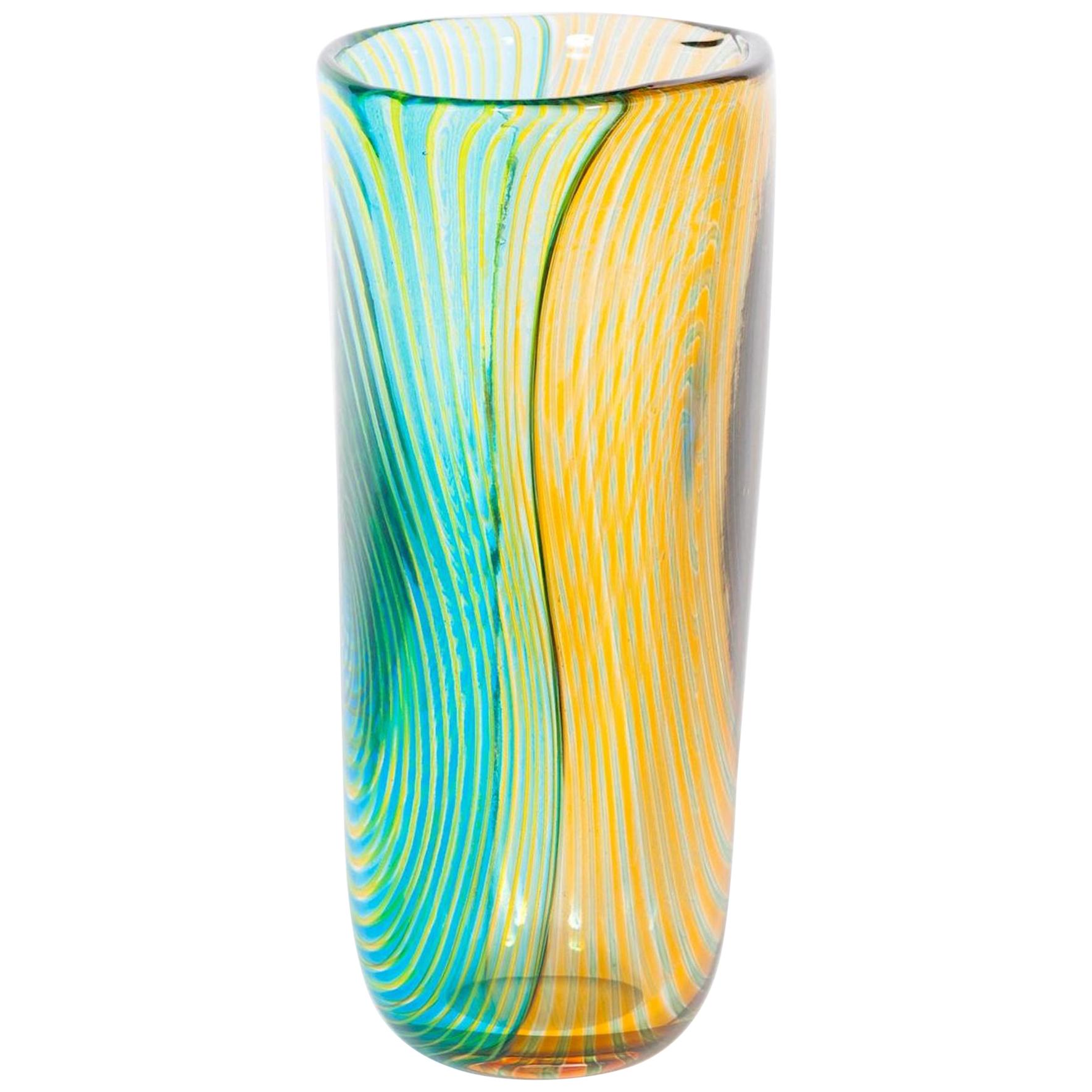 Striped Vase in Blown Murano Glass Green Orange and Light Blue, 1990s, Italy