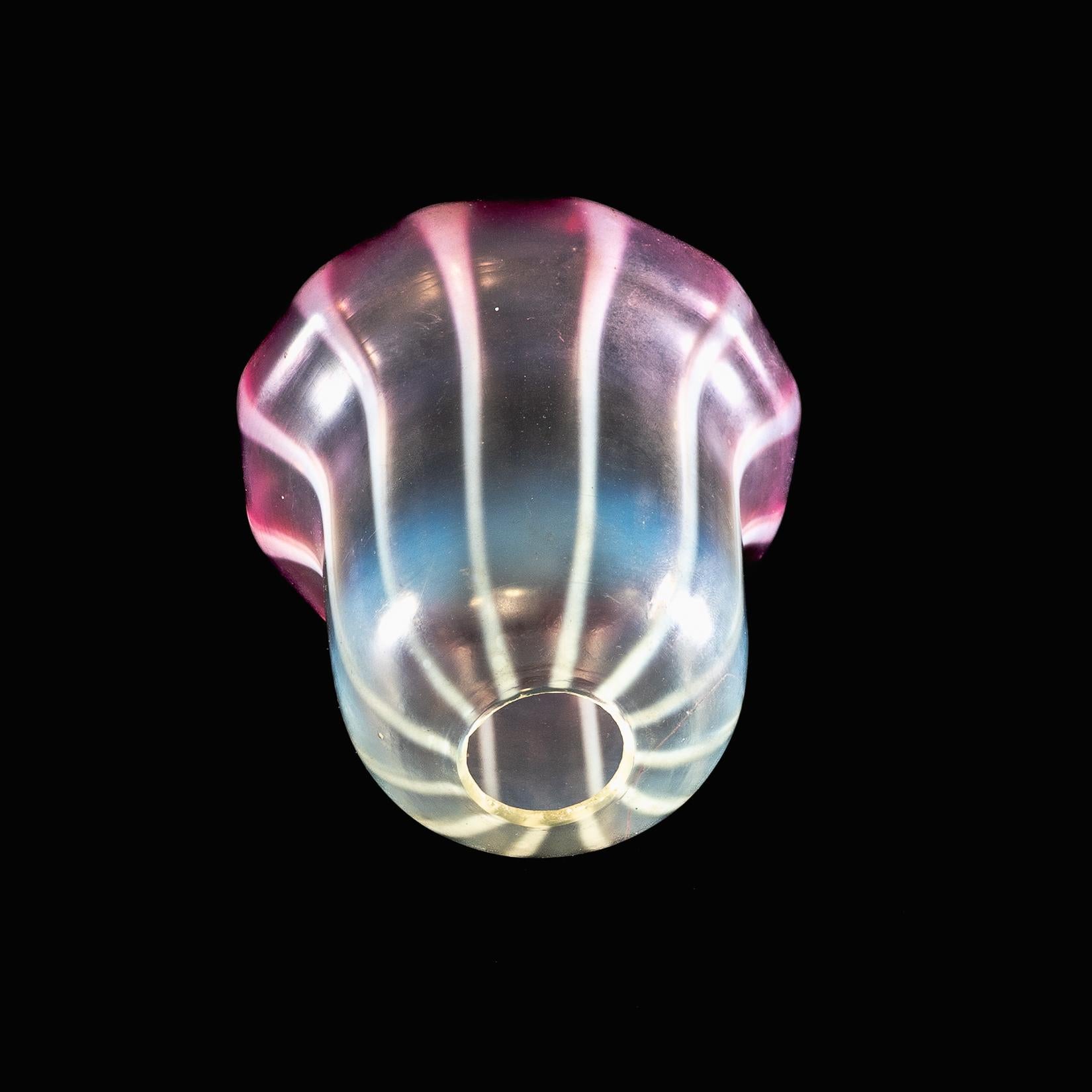 Striped Vaseline Glass Shade with Ribbed Bell Shape & Soft Pink Accents For Sale 3