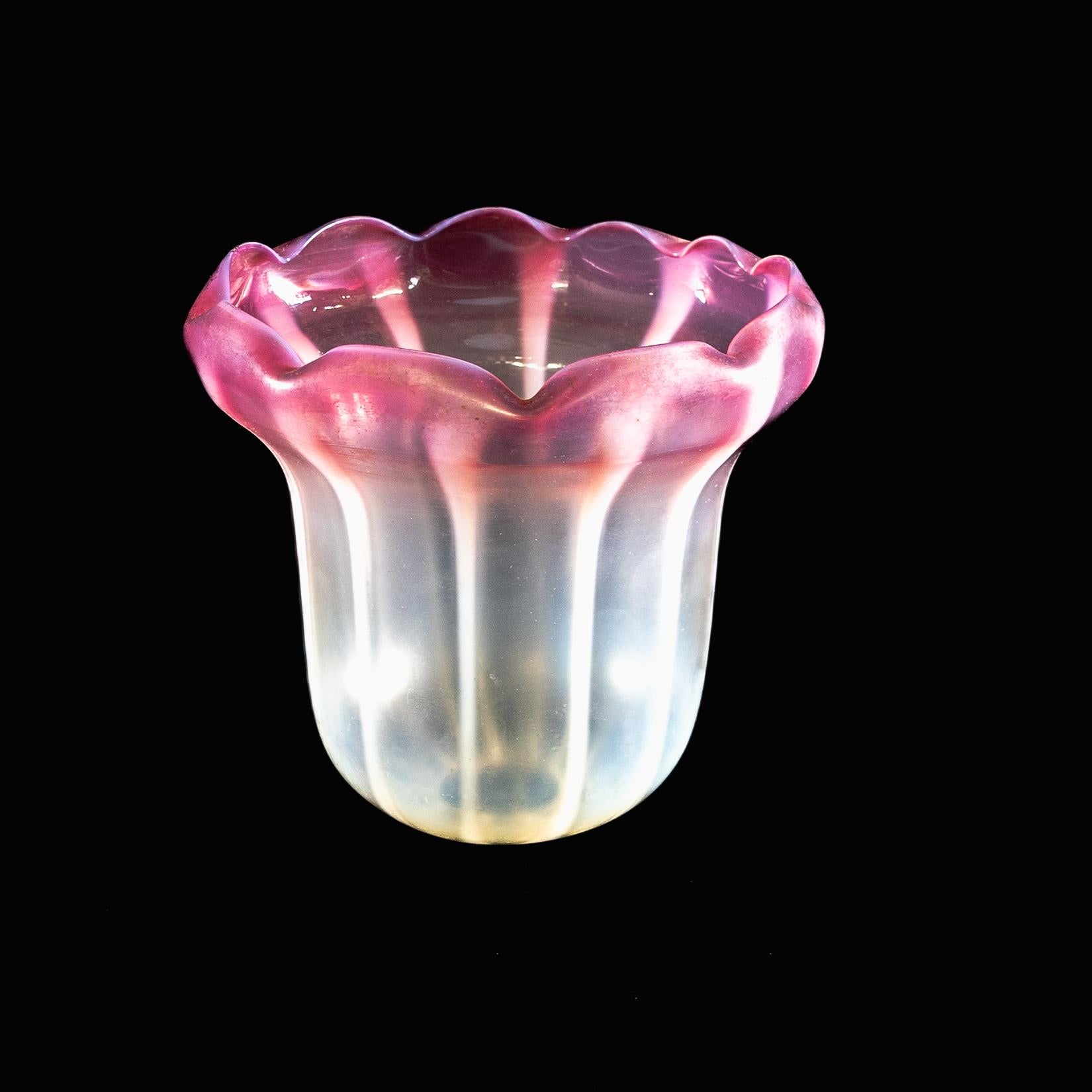 Striped Vaseline Glass Shade with Ribbed Bell Shape & Soft Pink Accents For Sale 5