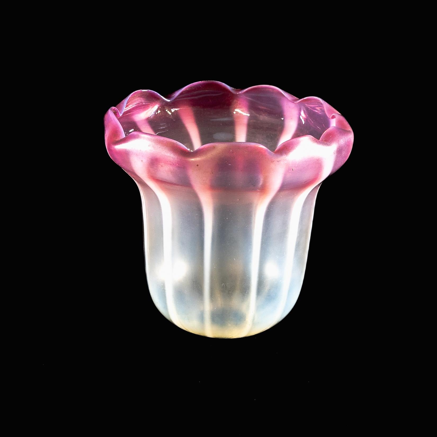 Striped Vaseline Glass Shade with Ribbed Bell Shape & Soft Pink Accents For Sale 6