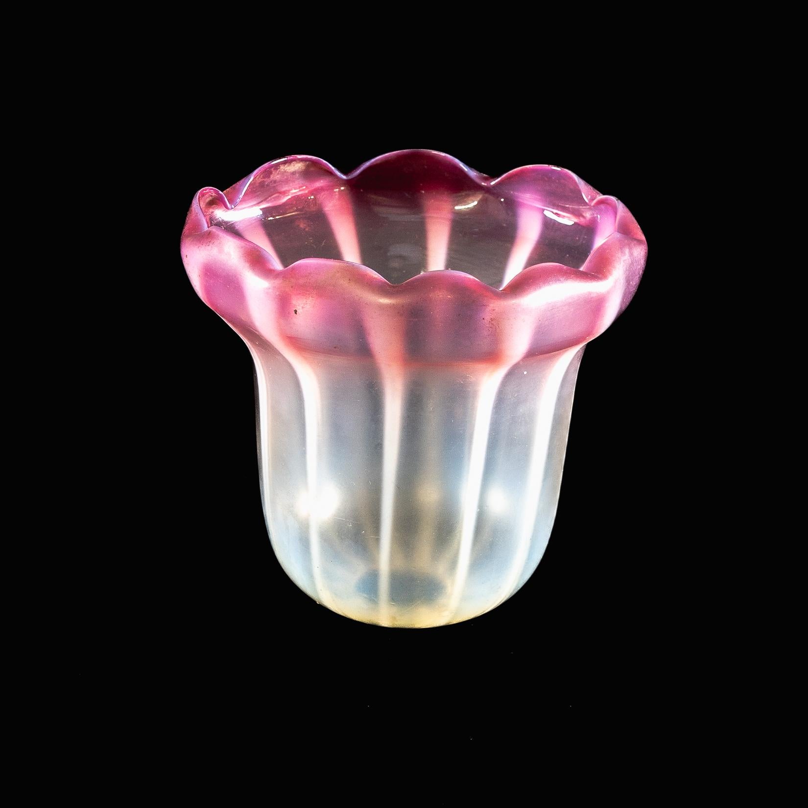 Striped Vaseline Glass Shade with Ribbed Bell Shape & Soft Pink Accents For Sale 7