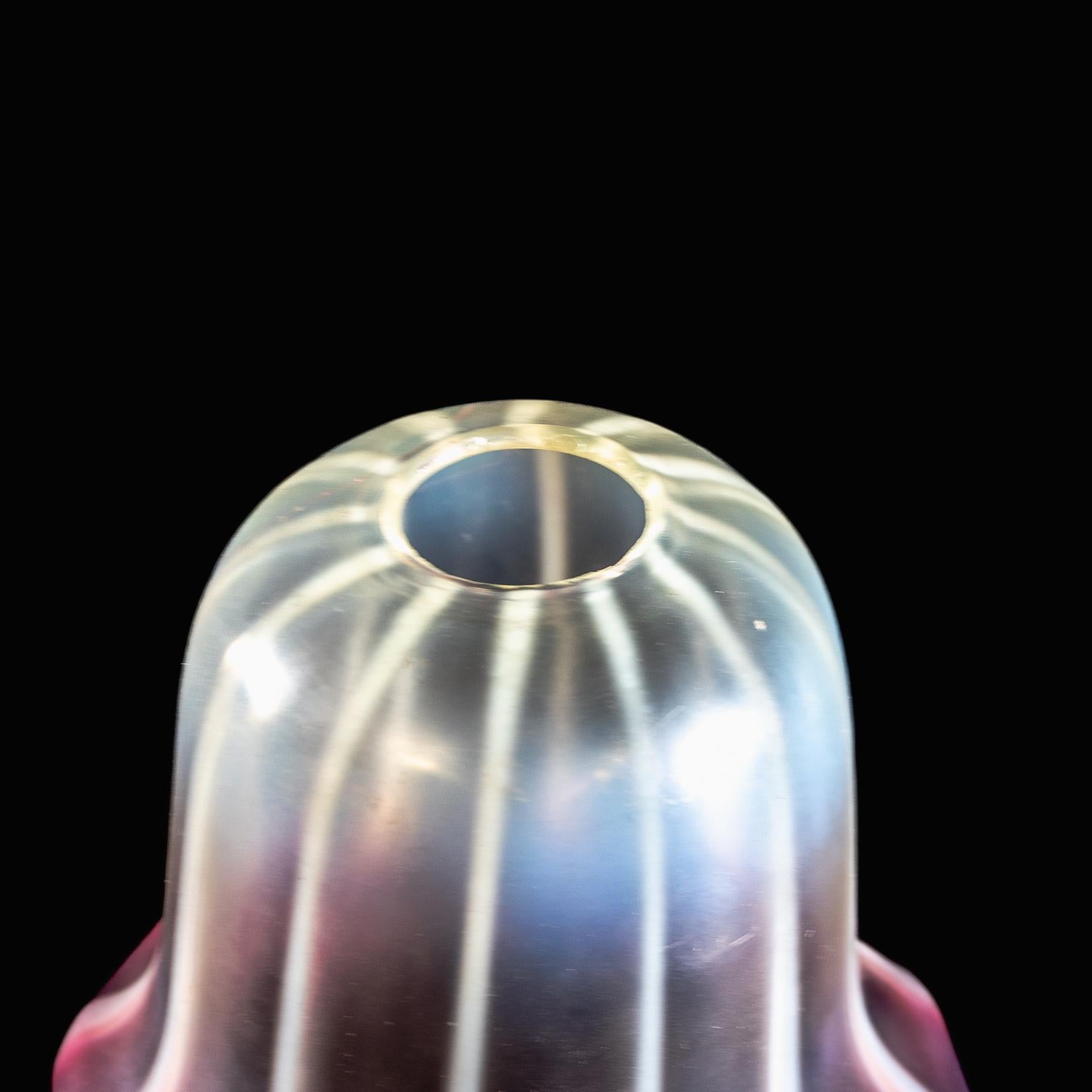 Striped Vaseline Glass Shade with Ribbed Bell Shape & Soft Pink Accents For Sale 8