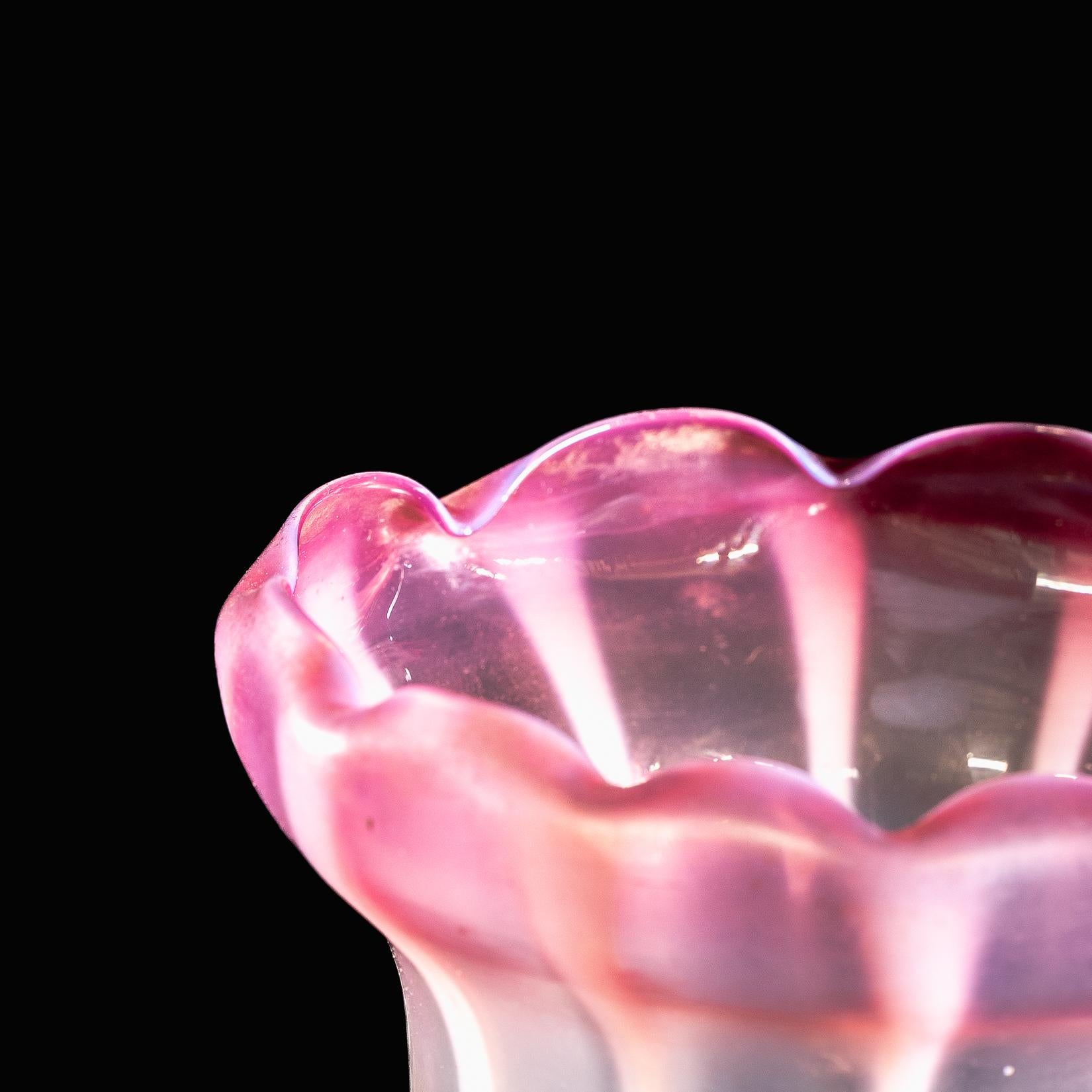 Striped Vaseline Glass Shade with Ribbed Bell Shape & Soft Pink Accents For Sale 9