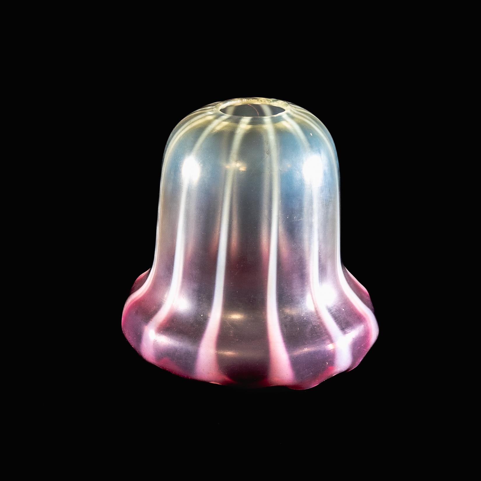 Arts and Crafts Striped Vaseline Glass Shade with Ribbed Bell Shape & Soft Pink Accents For Sale