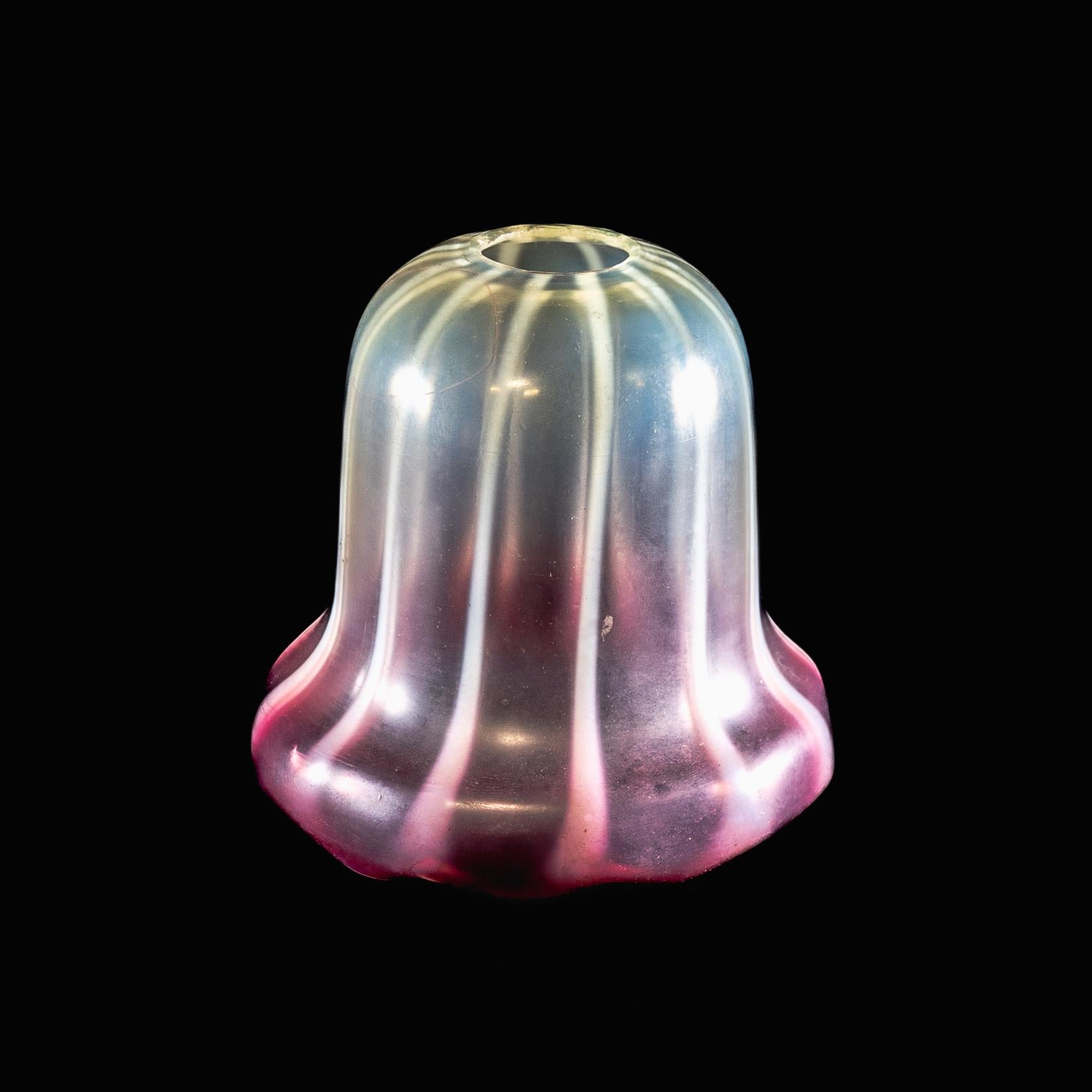 British Striped Vaseline Glass Shade with Ribbed Bell Shape & Soft Pink Accents For Sale