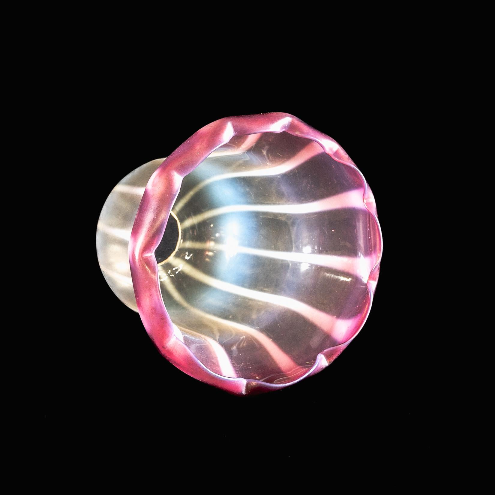 Hand-Crafted Striped Vaseline Glass Shade with Ribbed Bell Shape & Soft Pink Accents For Sale