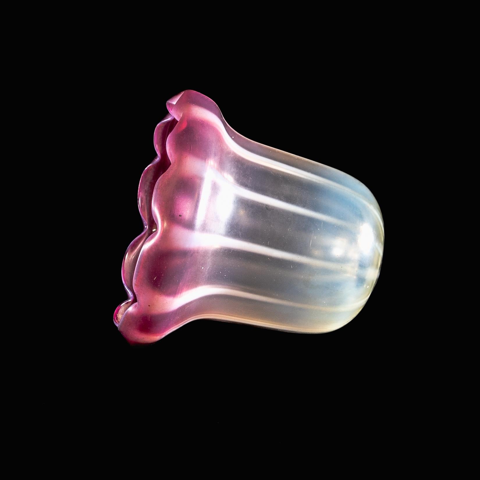Uranium Glass Striped Vaseline Glass Shade with Ribbed Bell Shape & Soft Pink Accents For Sale