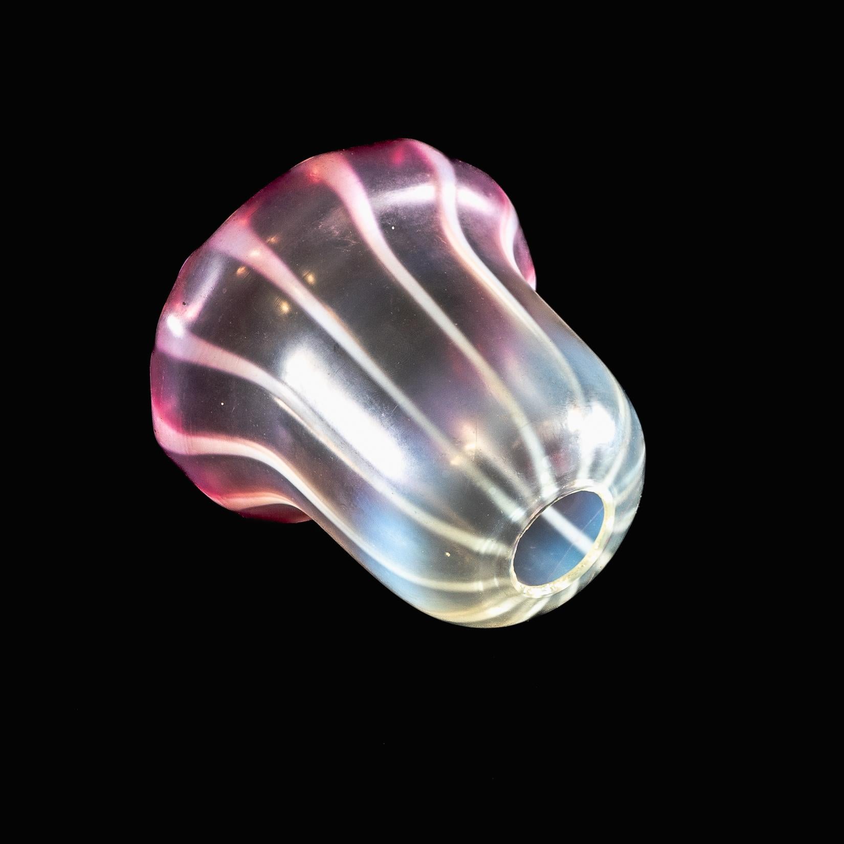Striped Vaseline Glass Shade with Ribbed Bell Shape & Soft Pink Accents For Sale 1
