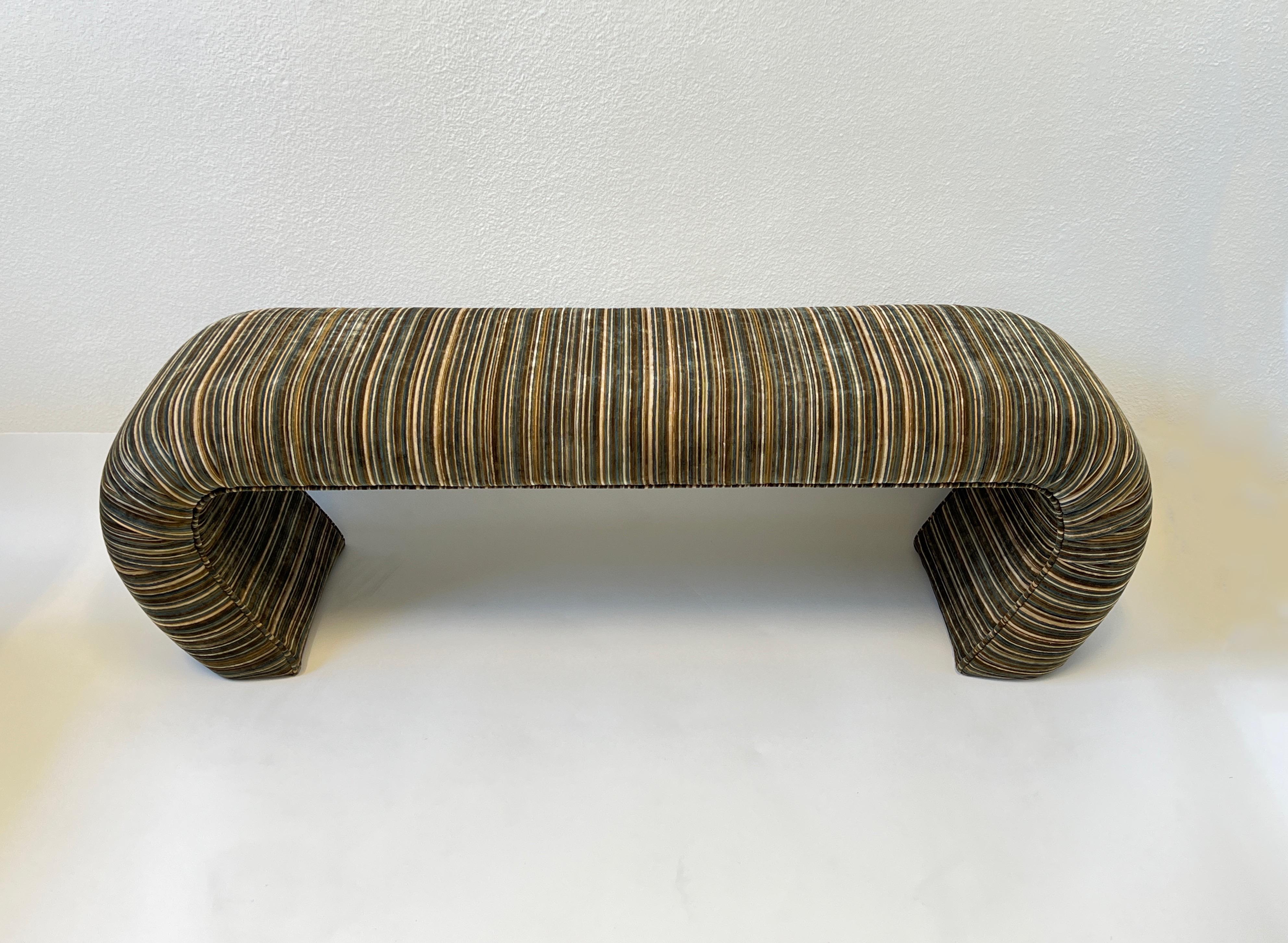 1980’s Burnout striped velvet waterfall bench by Steve Chase. In original condition. Professionally stemmed clean. 

Measurements: 60” wide, 18” deep, 18.5” high.