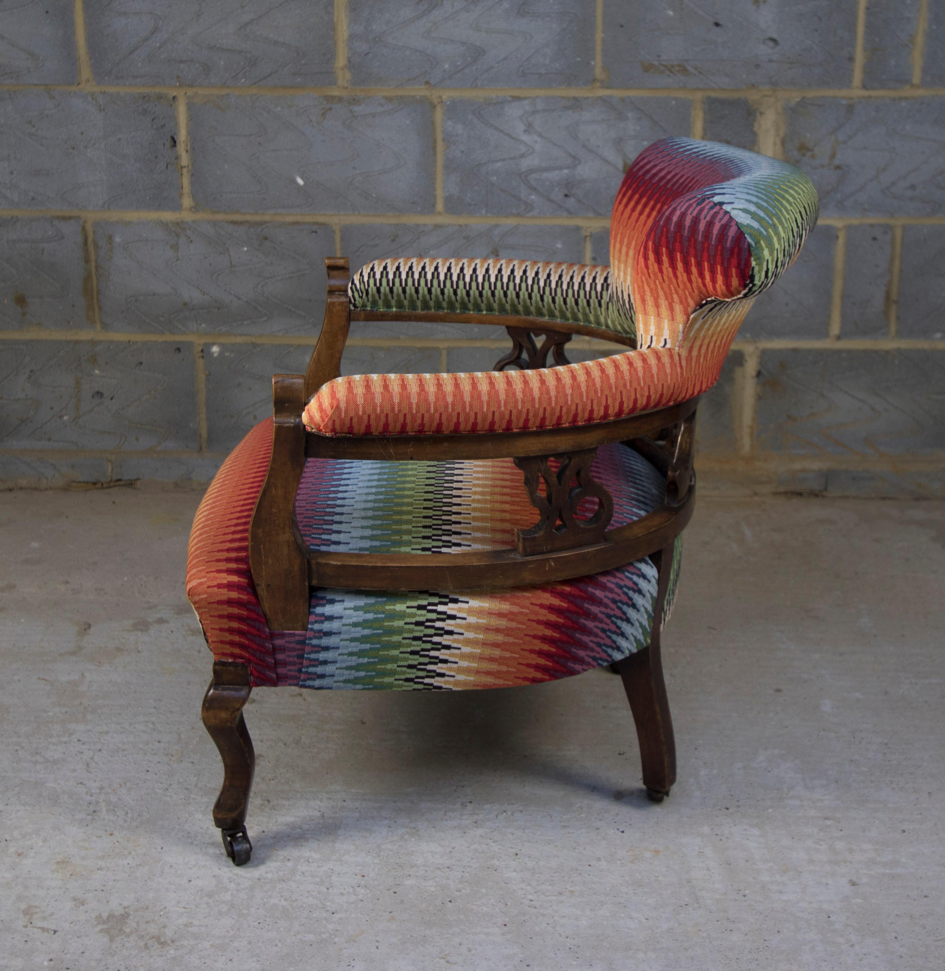 Beautifully reupholstered, late Victorian, captains chair in a reproduction striped, heavy cotton material. Original castors, completely new seat and fabric. Fire lined.

Versatile and unique; where couldn't you put this?

This mahogany beauty
