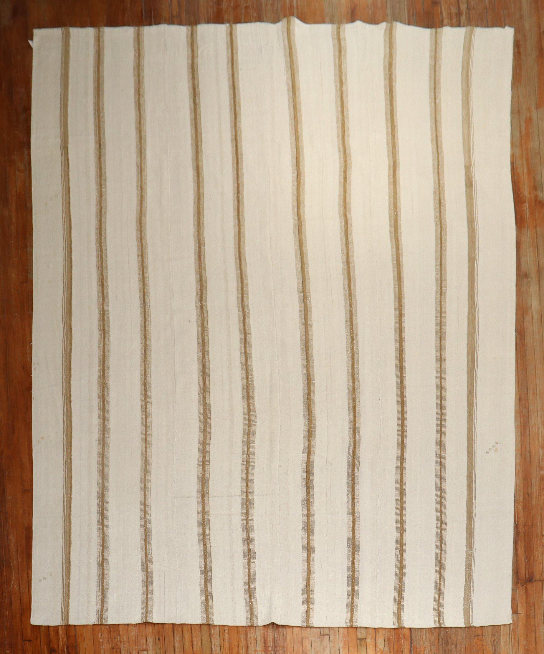 Room- size Turkish Kilim in ivory and brown made from recycled cotton and goat hair material giving it an old world, vintage feel.

Measures: 10'1'' x 14'2''.