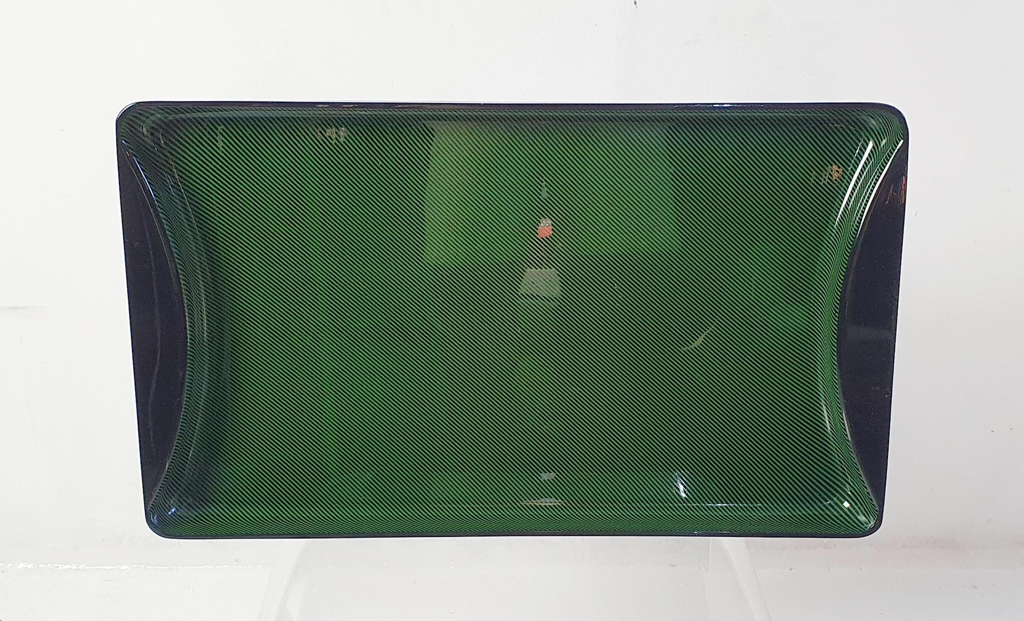 A large rectangular vintage serving tray by Guzzini Italy in lucite. The base is jet black with diagonal stripes in green. In very good condition with minor scratching.