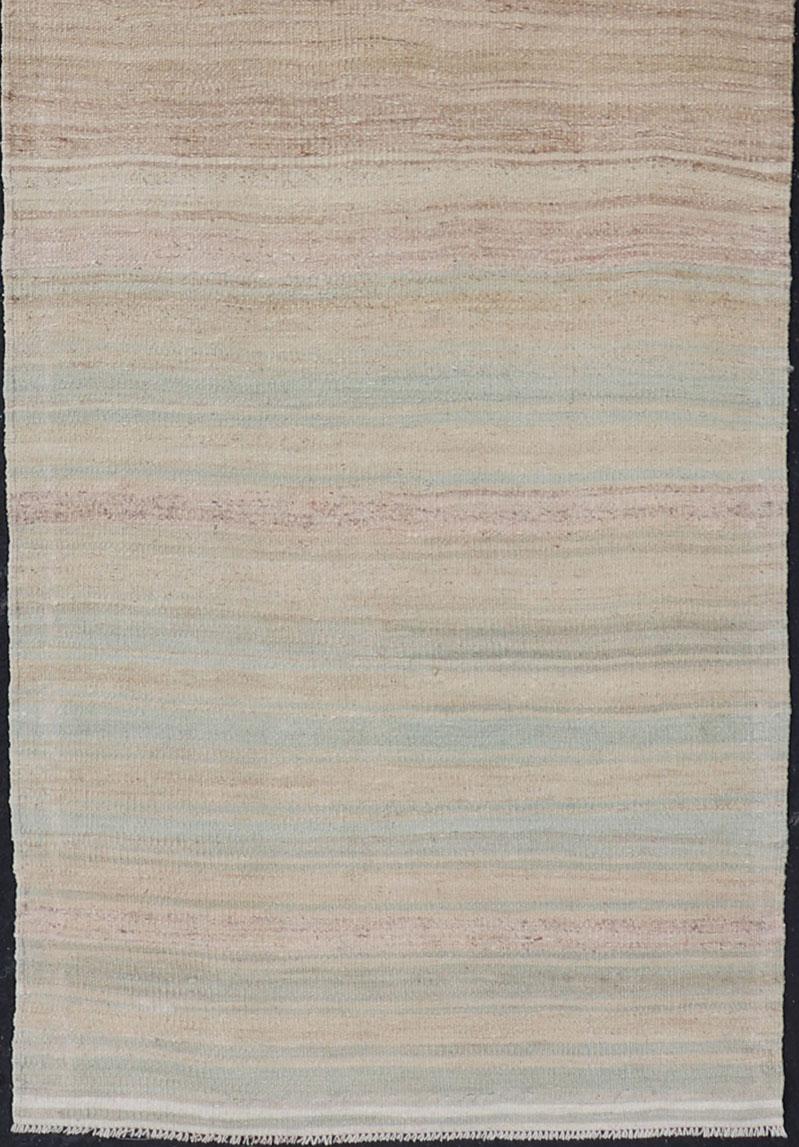 Hand-Woven Striped Vintage Turkish Flat-Weave Runner in Light Green, Pink, Tan, and Taupe For Sale