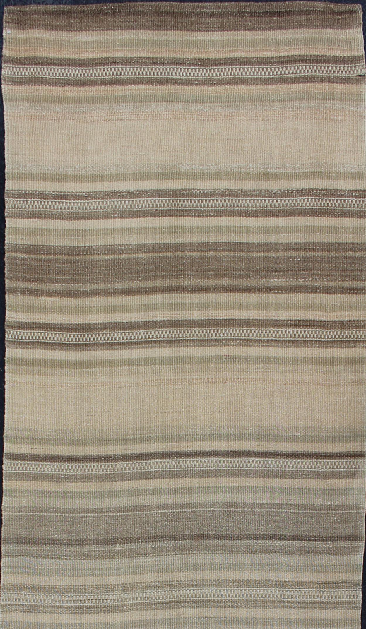Vintage Kilim runner from Turkey with stripes, Keivan Woven Arts / rug EN-179070, country of origin / type: Turkey / Kilim, circa 1960

This softly striped-design vintage runner from Turkey features a modern look, rendered in taupe, gray, olive