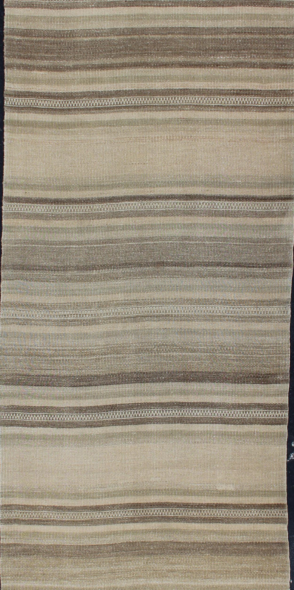 Hand-Woven Striped Vintage Turkish Flat-Weave Runner with Tans, Brown and Olive Green For Sale
