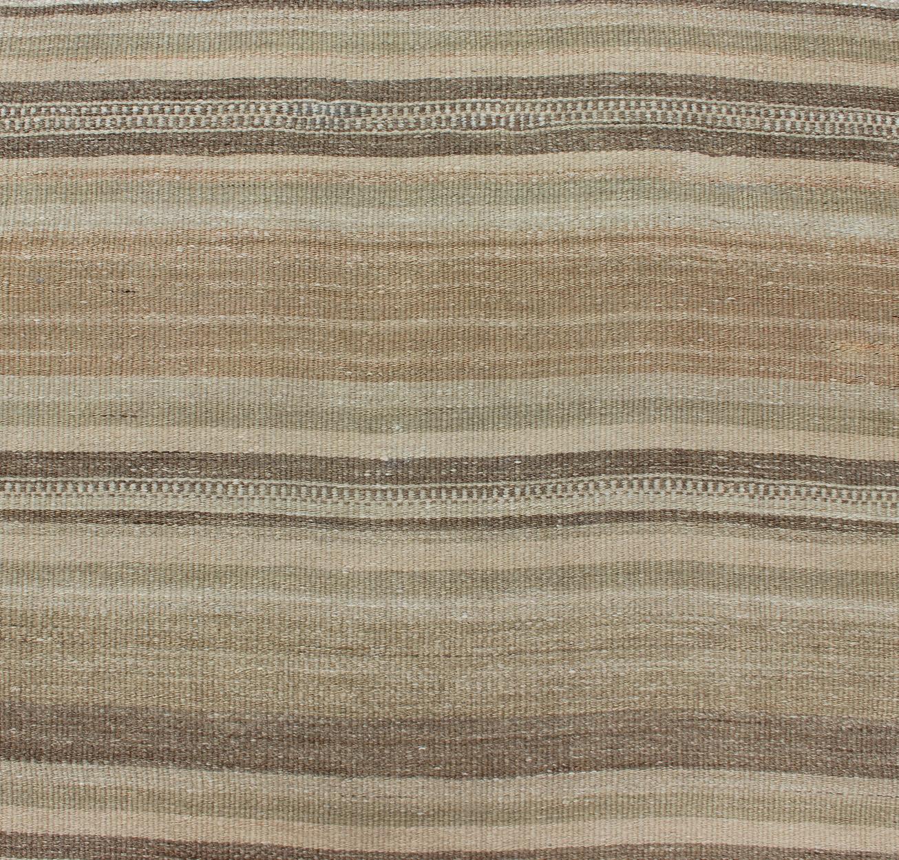 Wool Striped Vintage Turkish Flat-Weave Runner with Tans, Brown and Olive Green For Sale