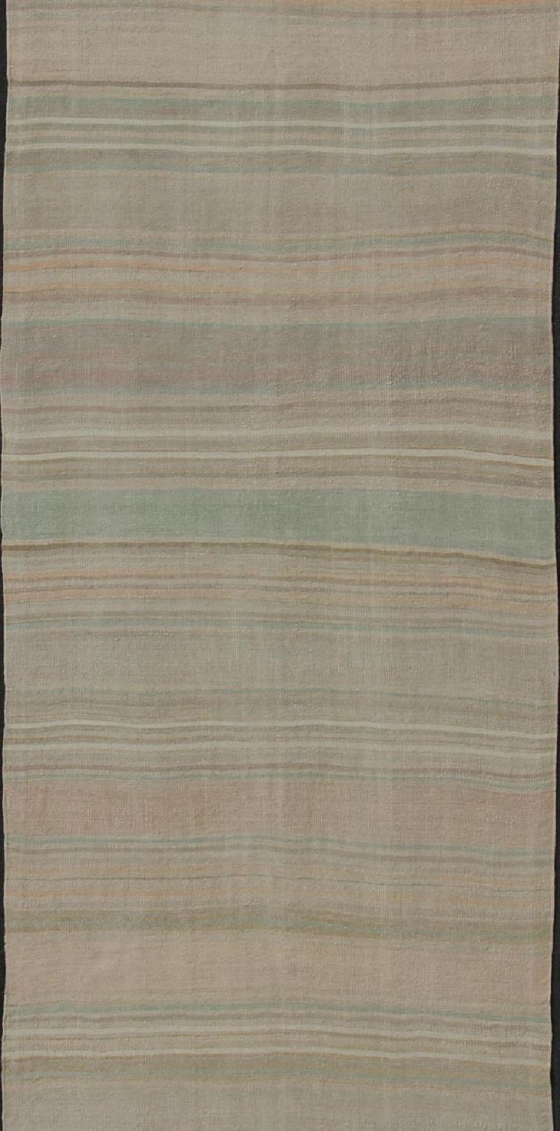 Hand-Woven Modern Striped Design Vintage Turkish Kilim Gallery Runner in Neutral Colors For Sale