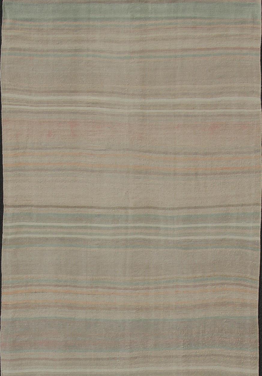 Modern Striped Design Vintage Turkish Kilim Gallery Runner in Neutral Colors In Excellent Condition For Sale In Atlanta, GA