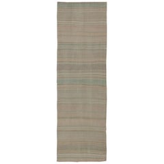 Modern Striped Design Vintage Turkish Kilim Gallery Runner in Neutral Colors