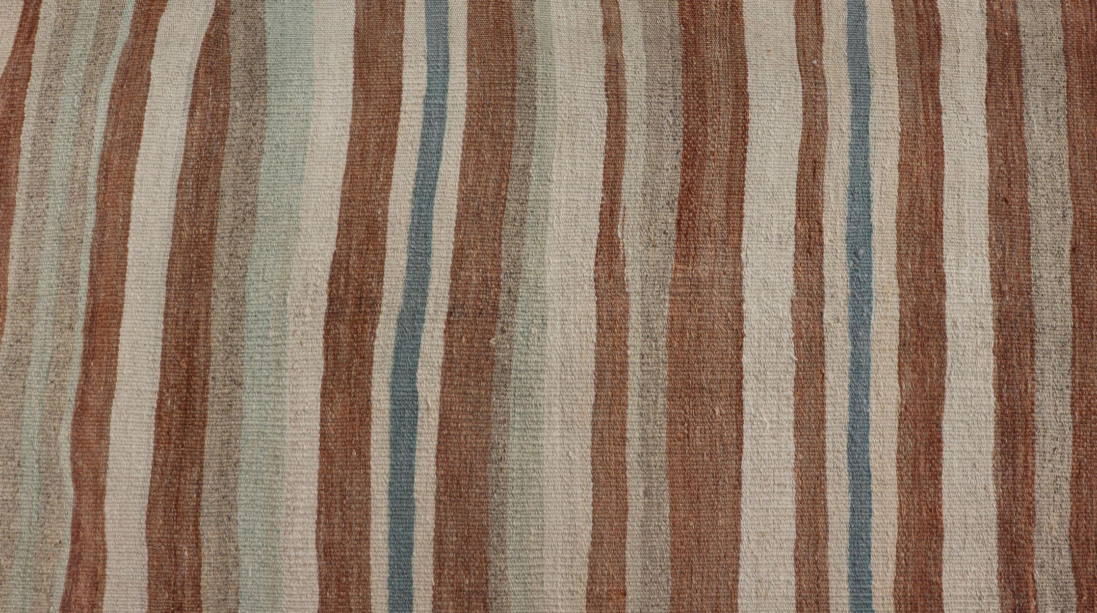 Striped Vintage Turkish Kilim Runner in Shades of Brown, Cream, and Blue For Sale 4