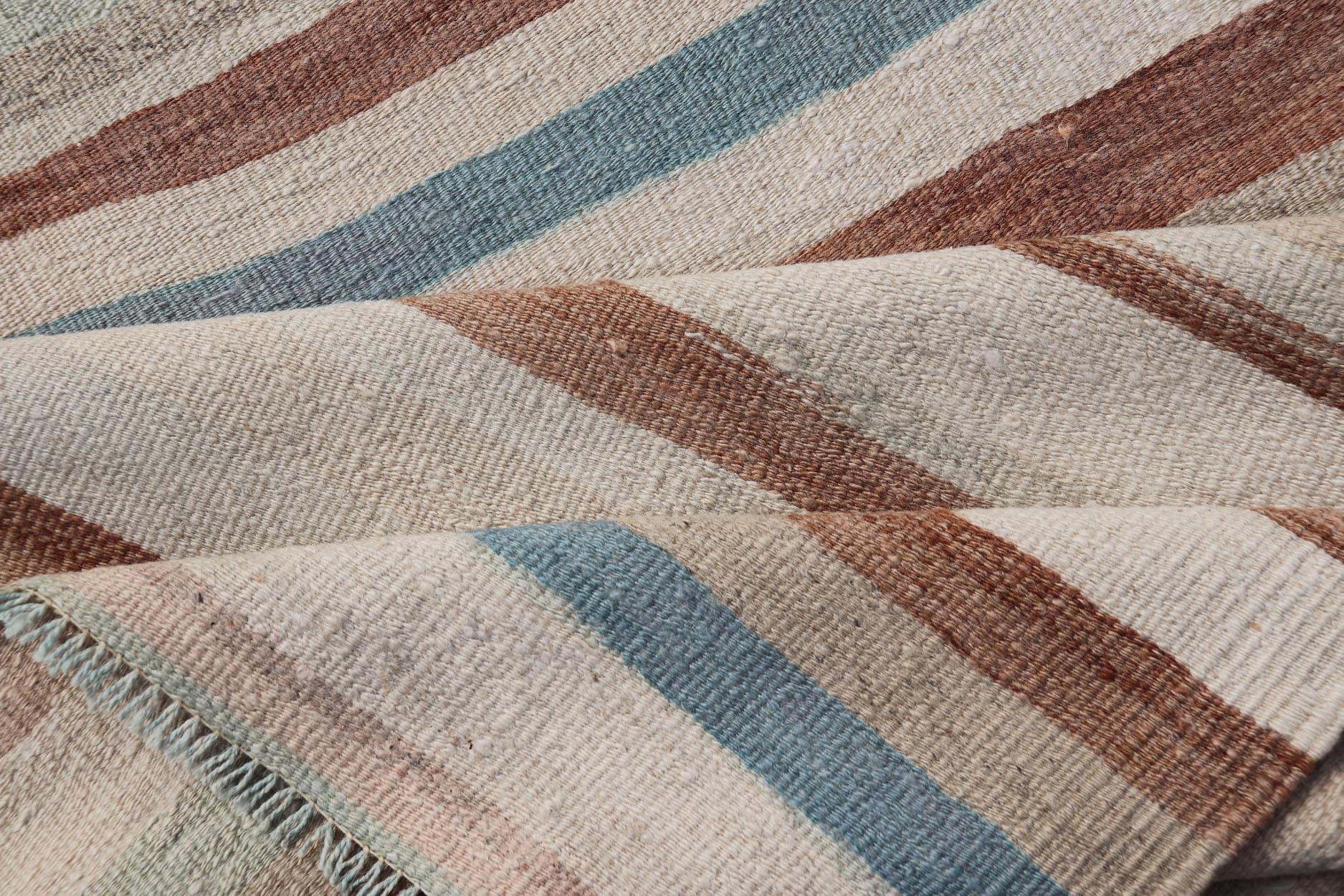 Striped Vintage Turkish Kilim Runner in Shades of Brown, Cream, and Blue For Sale 5