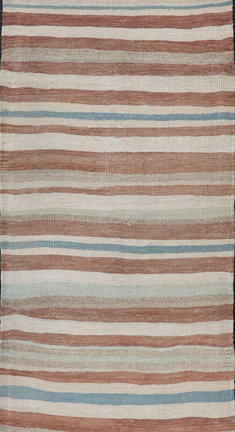 Hand-Woven Striped Vintage Turkish Kilim Runner in Shades of Brown, Cream, and Blue For Sale