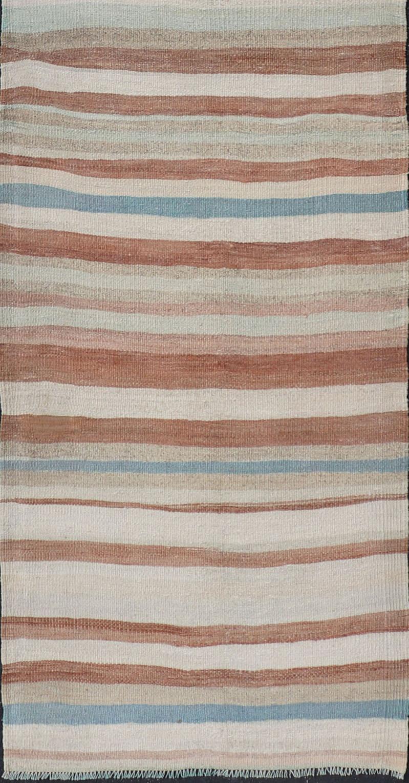 Striped Vintage Turkish Kilim Runner in Shades of Brown, Cream, and Blue In Good Condition For Sale In Atlanta, GA