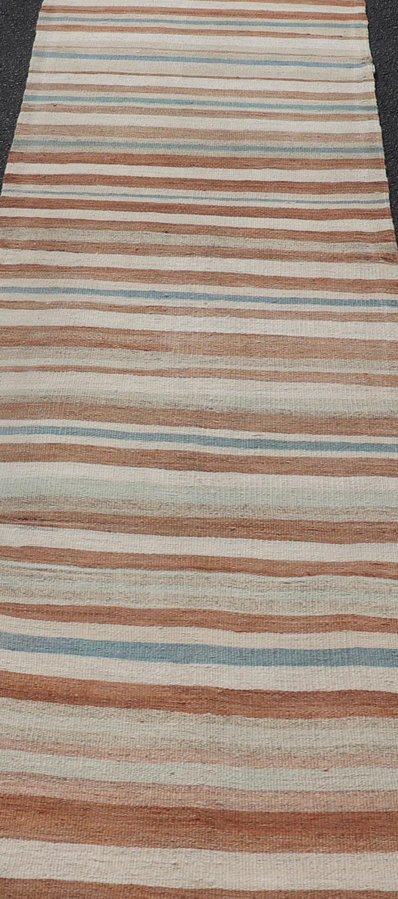 20th Century Striped Vintage Turkish Kilim Runner in Shades of Brown, Cream, and Blue For Sale