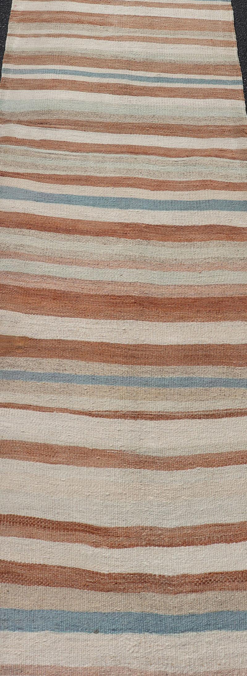 Striped Vintage Turkish Kilim Runner in Shades of Brown, Cream, and Blue For Sale 1