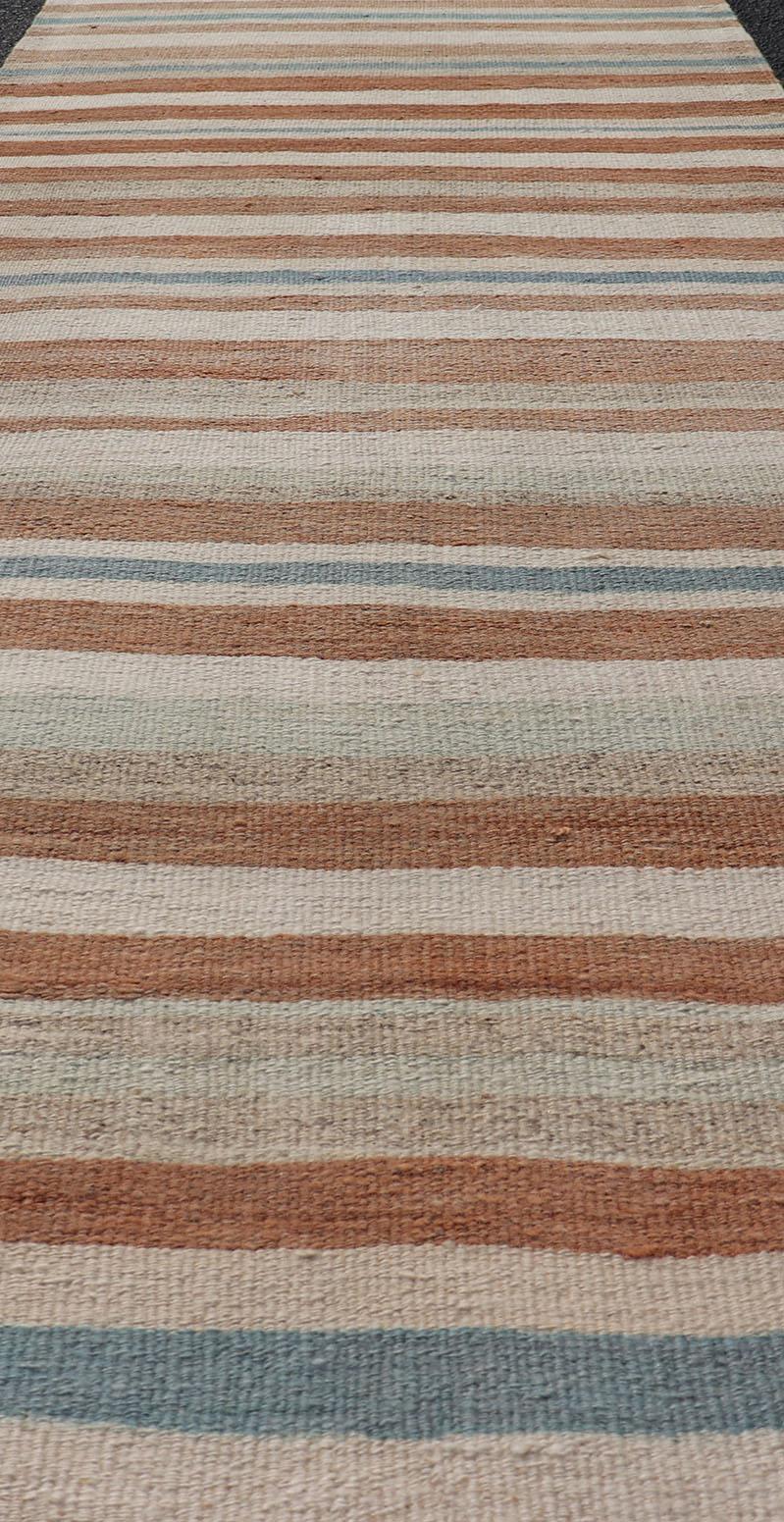 Striped Vintage Turkish Kilim Runner in Shades of Brown, Cream, and Blue For Sale 2