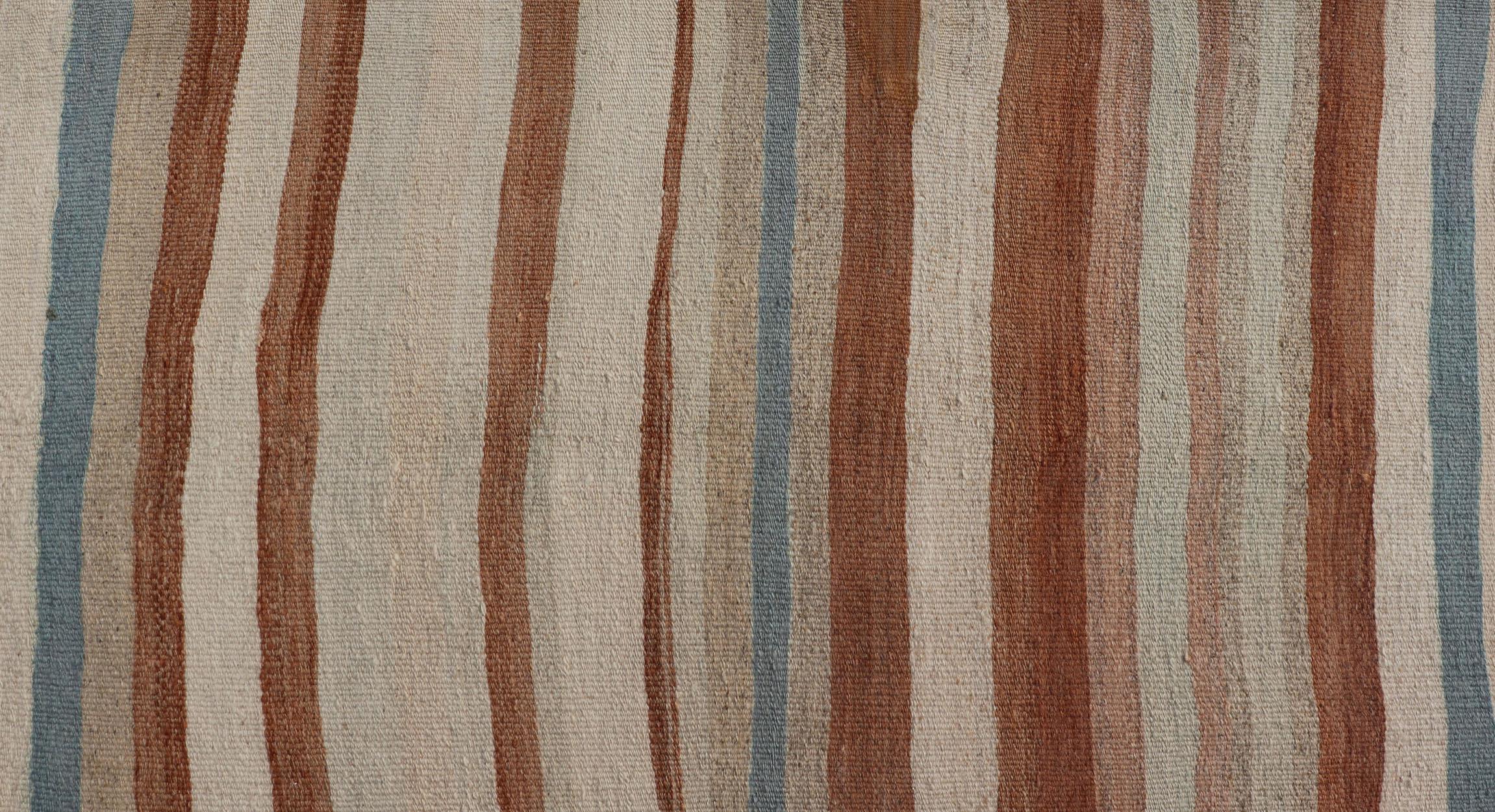 Striped Vintage Turkish Kilim Runner in Shades of Brown, Cream, and Blue For Sale 3