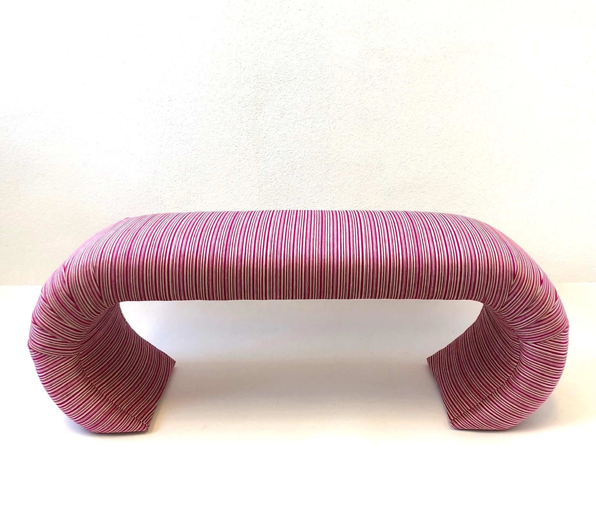 A glamorous 1980s newly upholstered bench by Steve Chase. The bench has been upholstered in a fuchsia and off-white striped soft velvet fabric.
Measurements: 57” wide, 19”deep and 21.5” high.