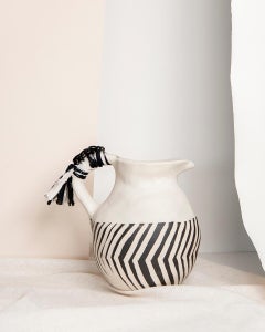 Striped Whimsical Handmade Ceramic Jug in Black and White with Fabric and Beads
