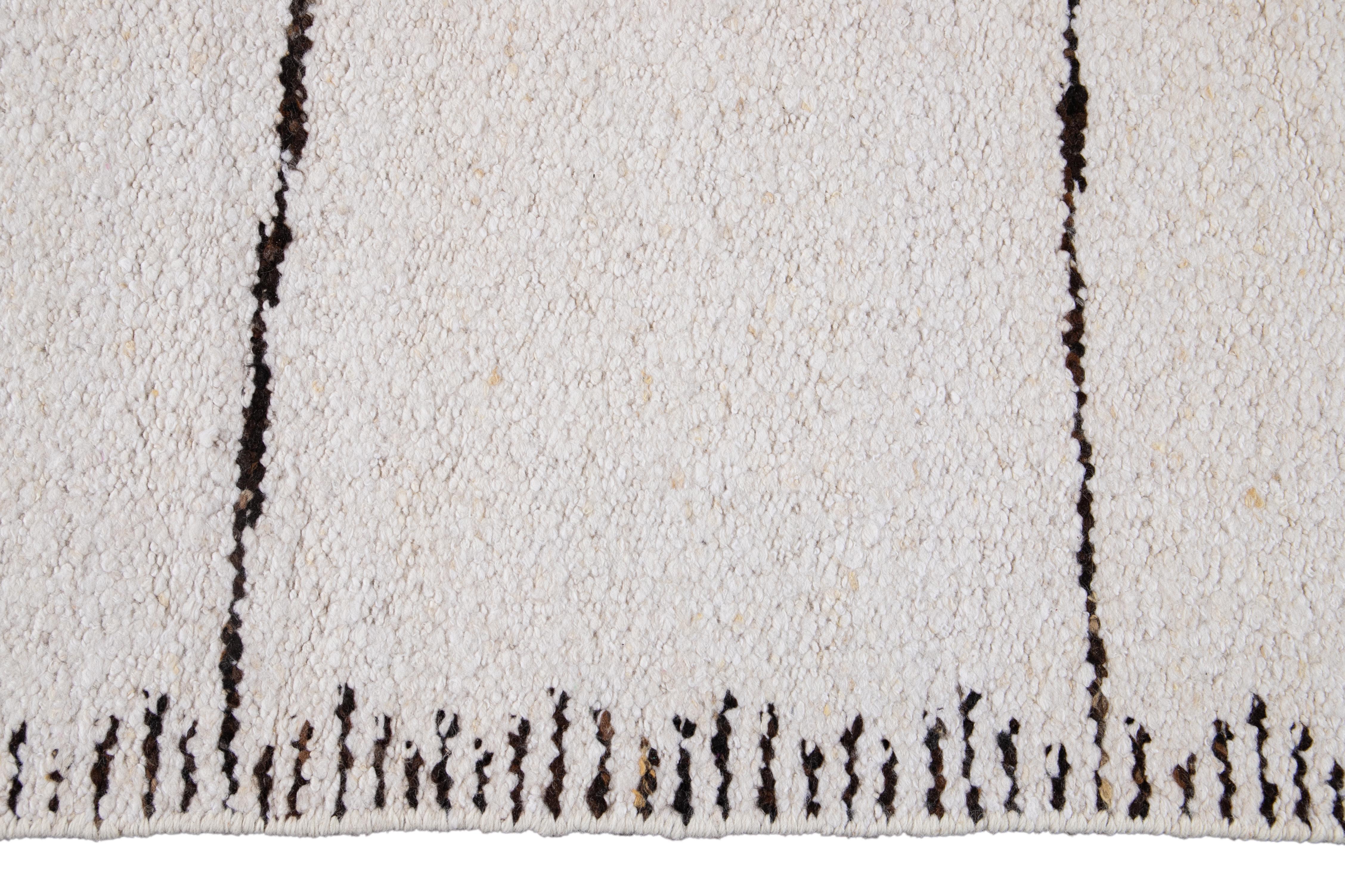 Striped White Modern Moroccan Style Wool Rug For Sale 4