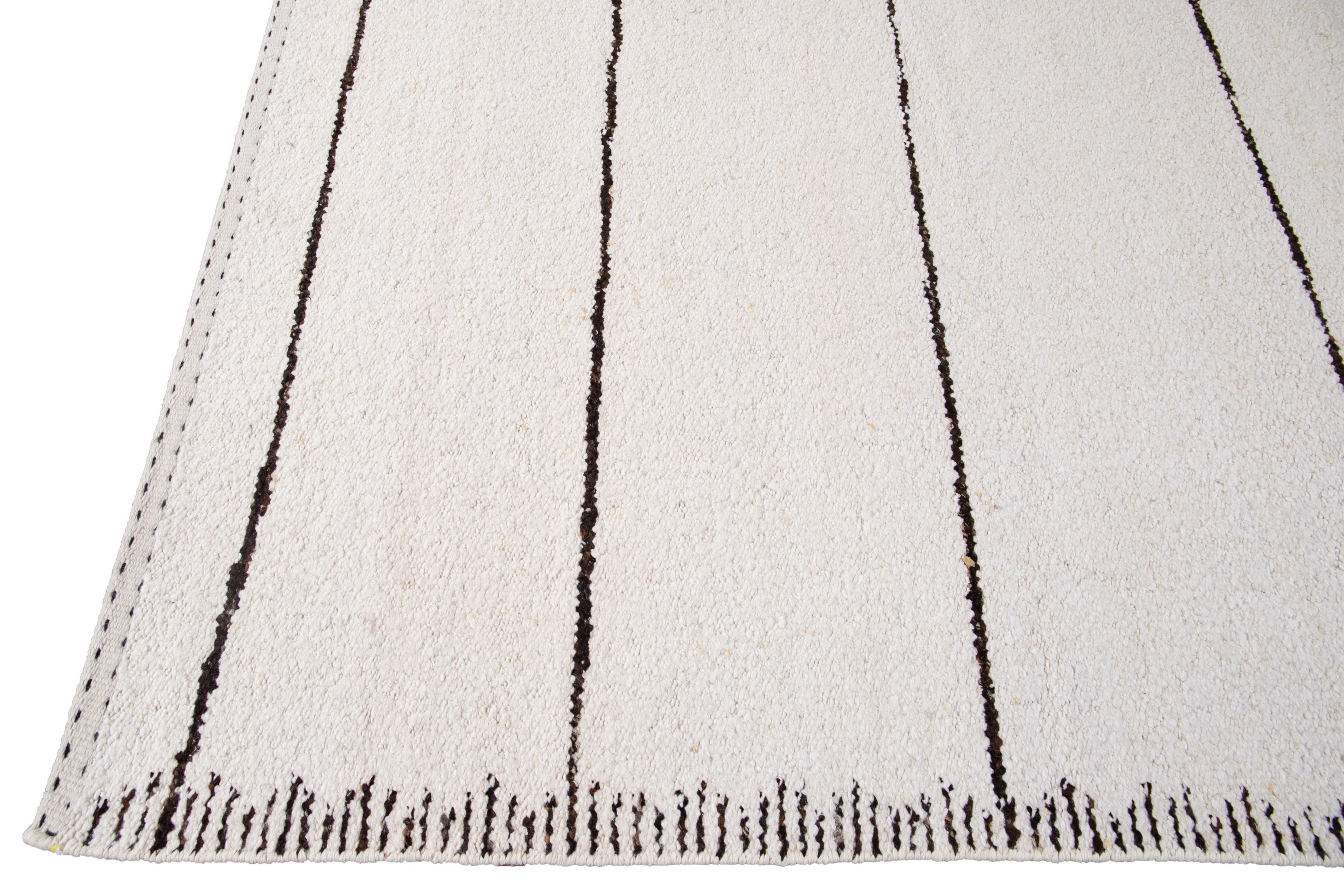 Hand-Knotted Striped White Modern Moroccan Style Wool Rug For Sale