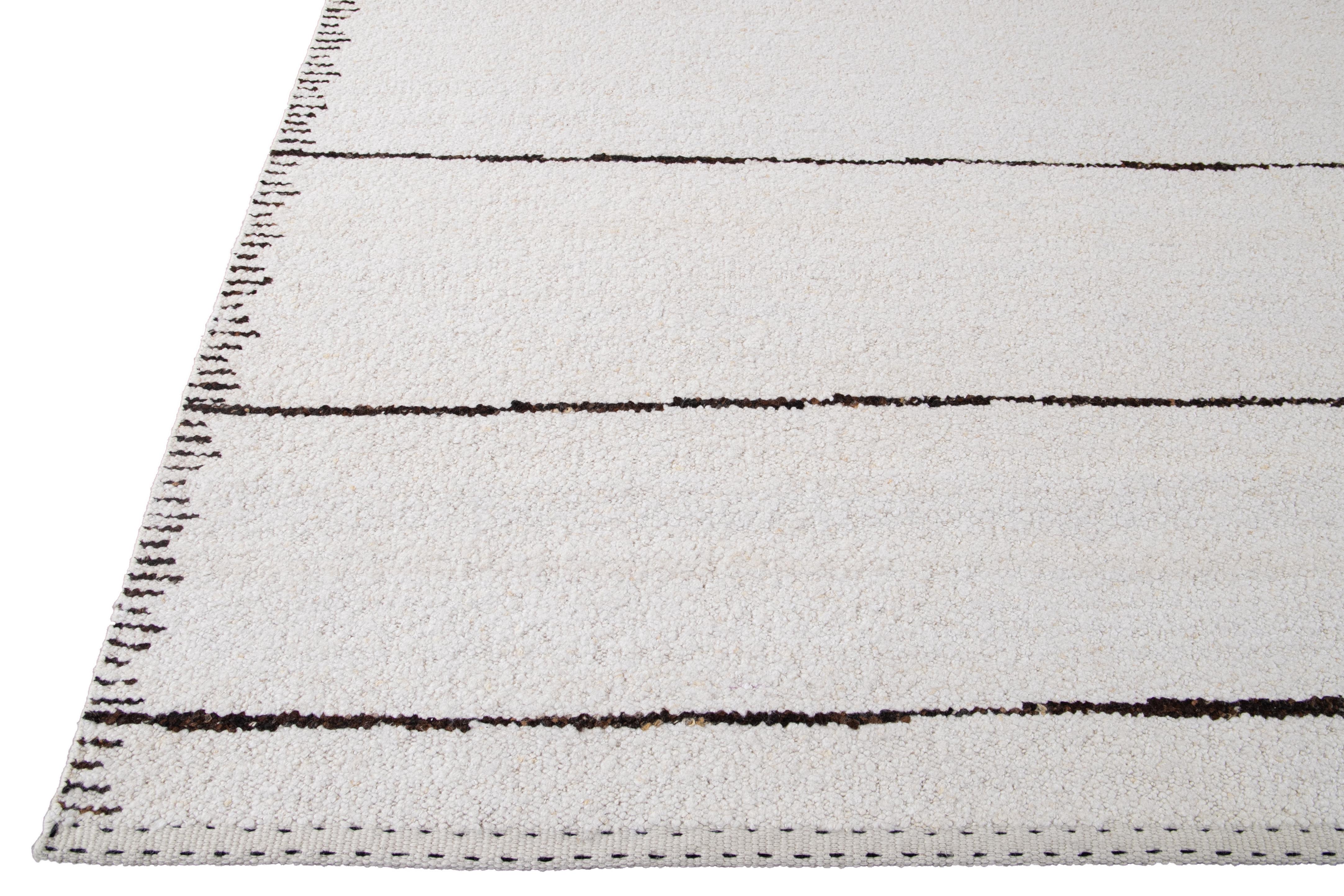 Contemporary Striped White Modern Moroccan Style Wool Rug For Sale