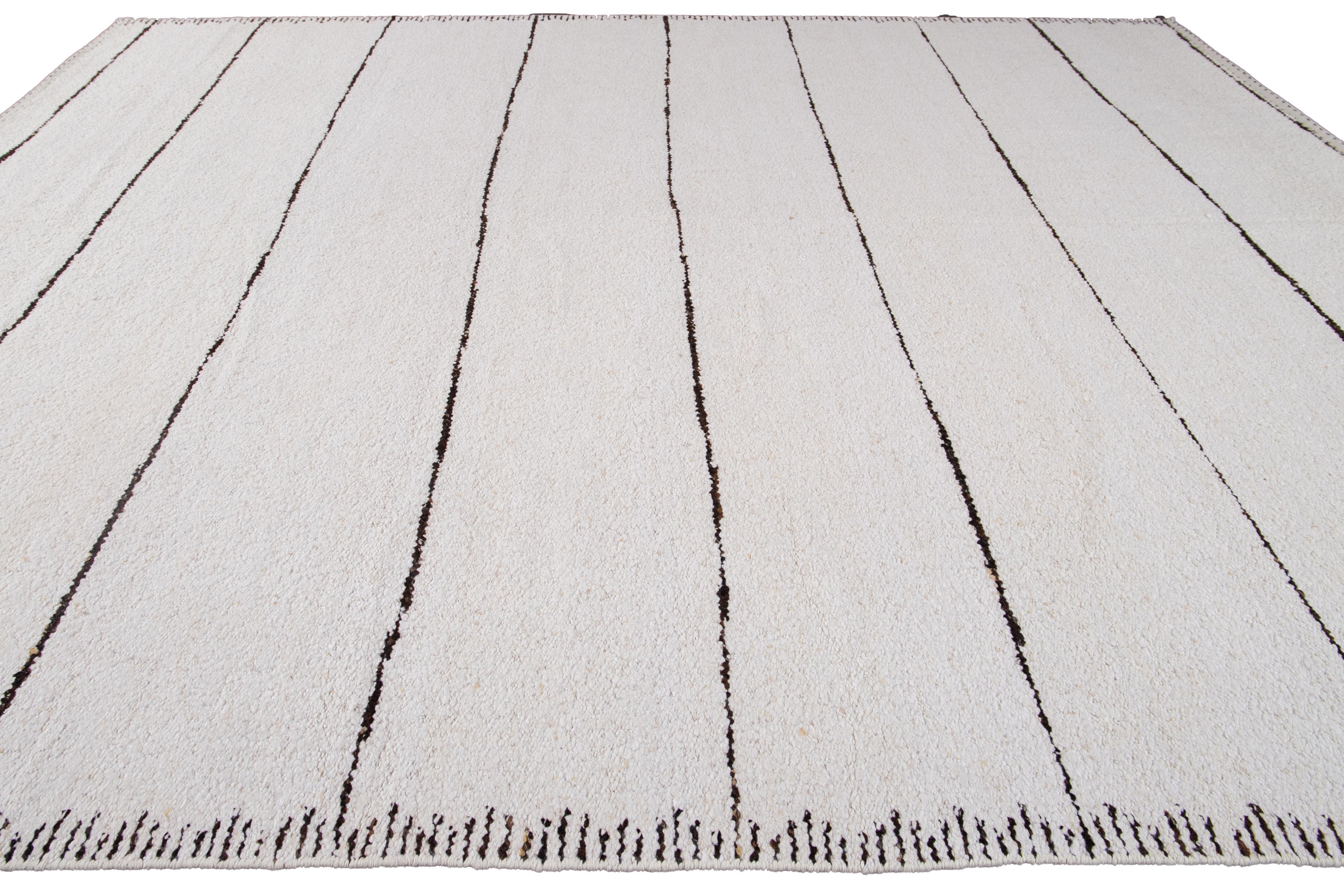 Striped White Modern Moroccan Style Wool Rug For Sale 1