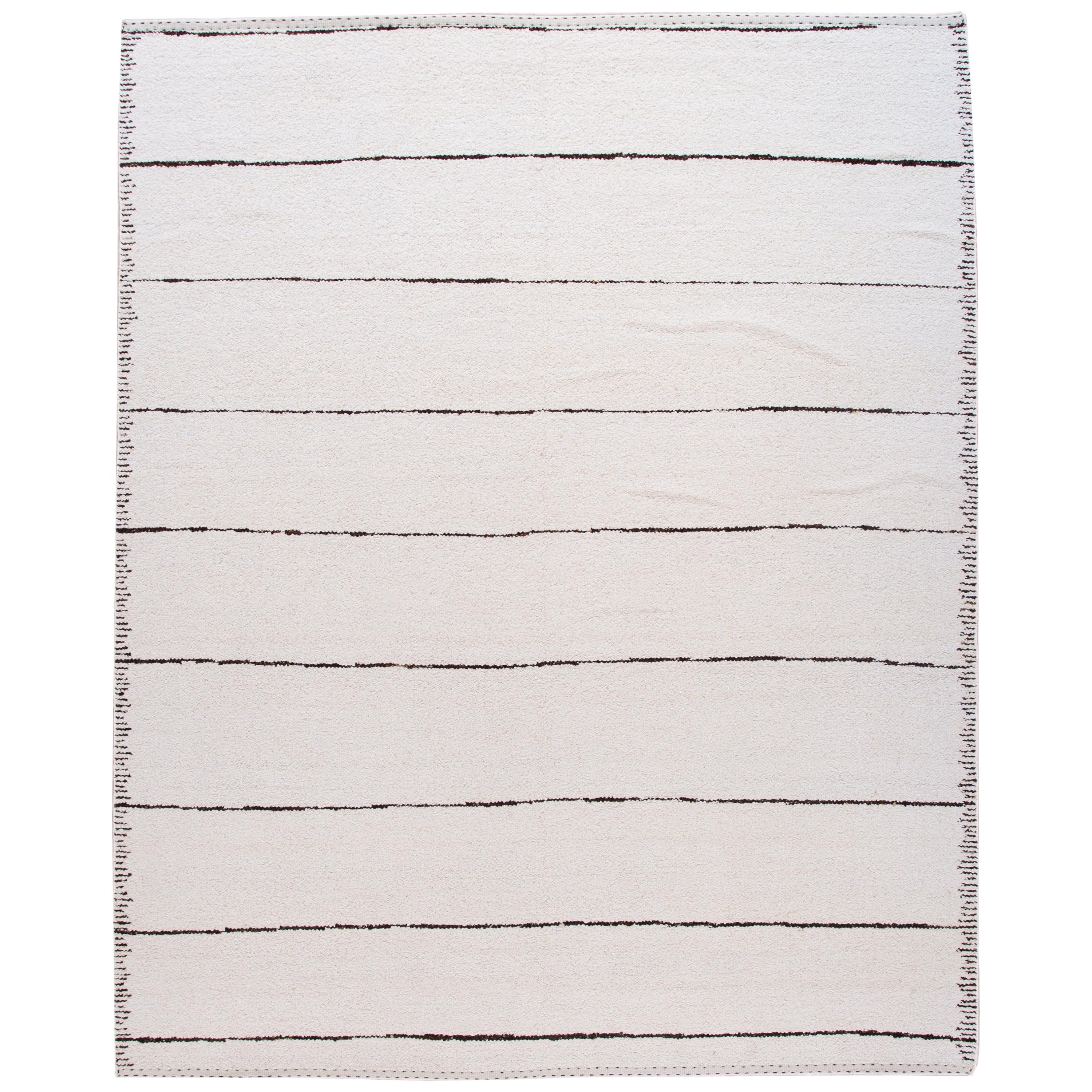 Striped White Modern Moroccan Style Wool Rug For Sale